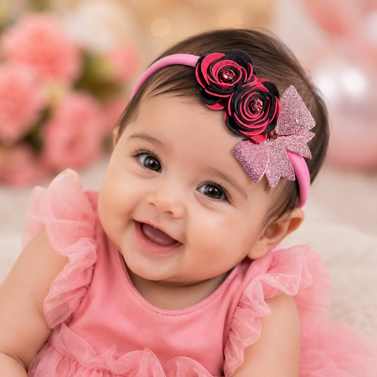 Roses with Bow Soft Headband - Pink & Grey