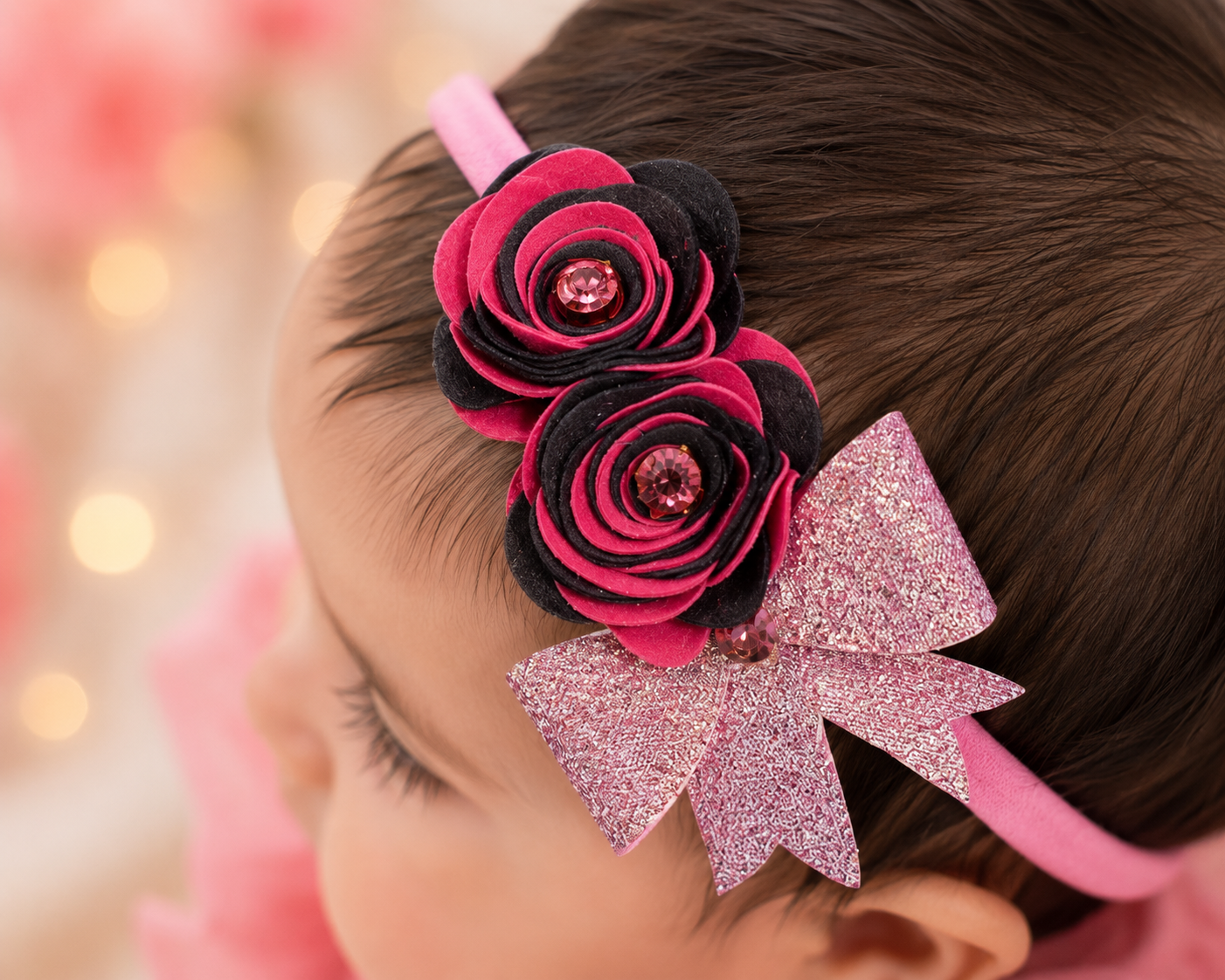 Roses with Bow Soft Headband - Pink & Grey