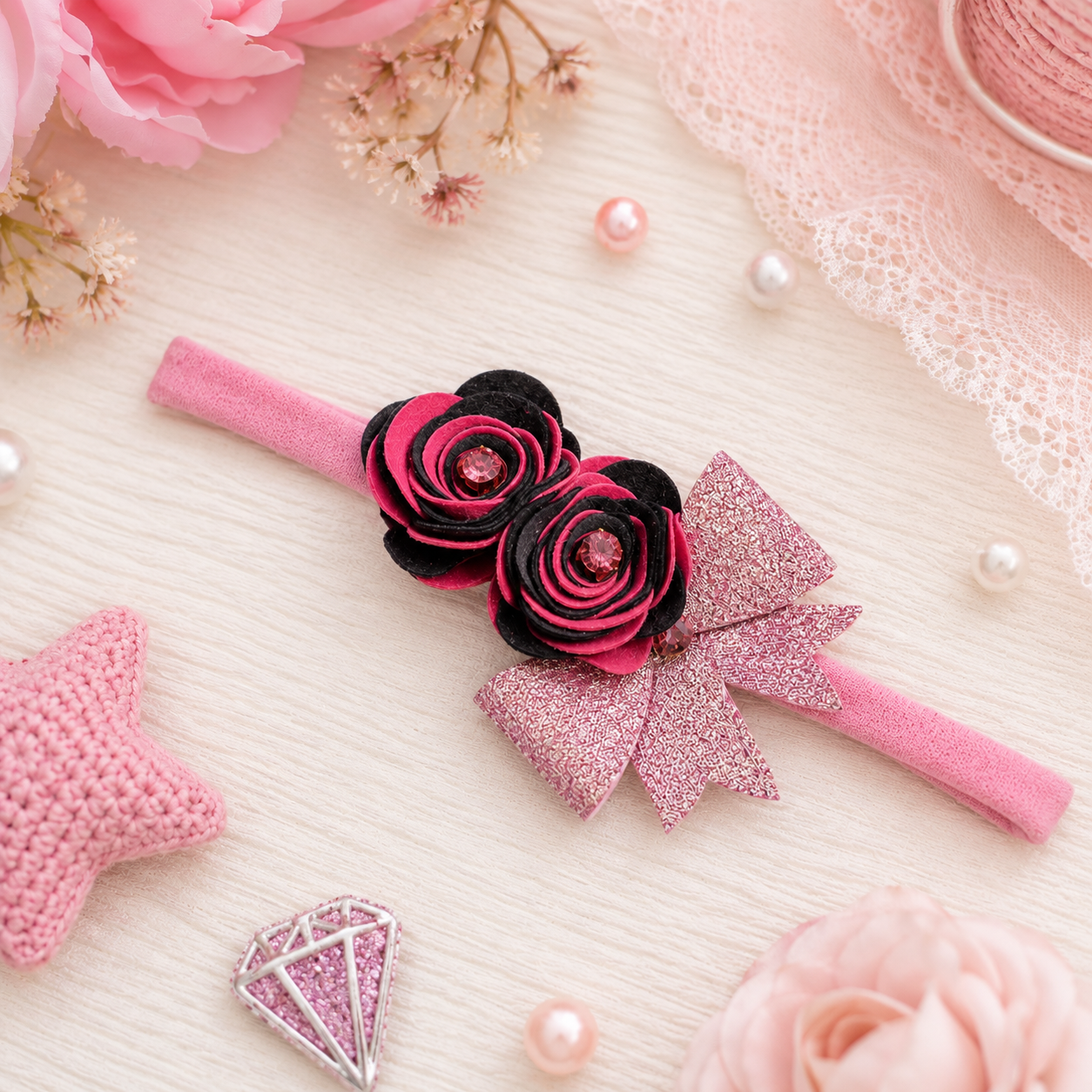 Roses with Bow Soft Headband - Pink & Grey