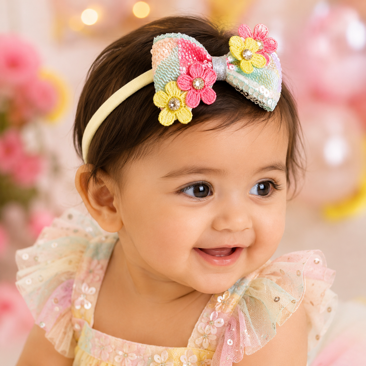 Pastel colors Bow with Flowers and Rhinestones Soft Headband