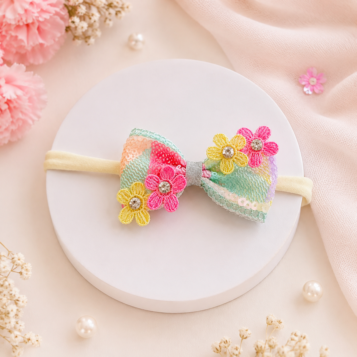 Pastel colors Bow with Flowers and Rhinestones Soft Headband