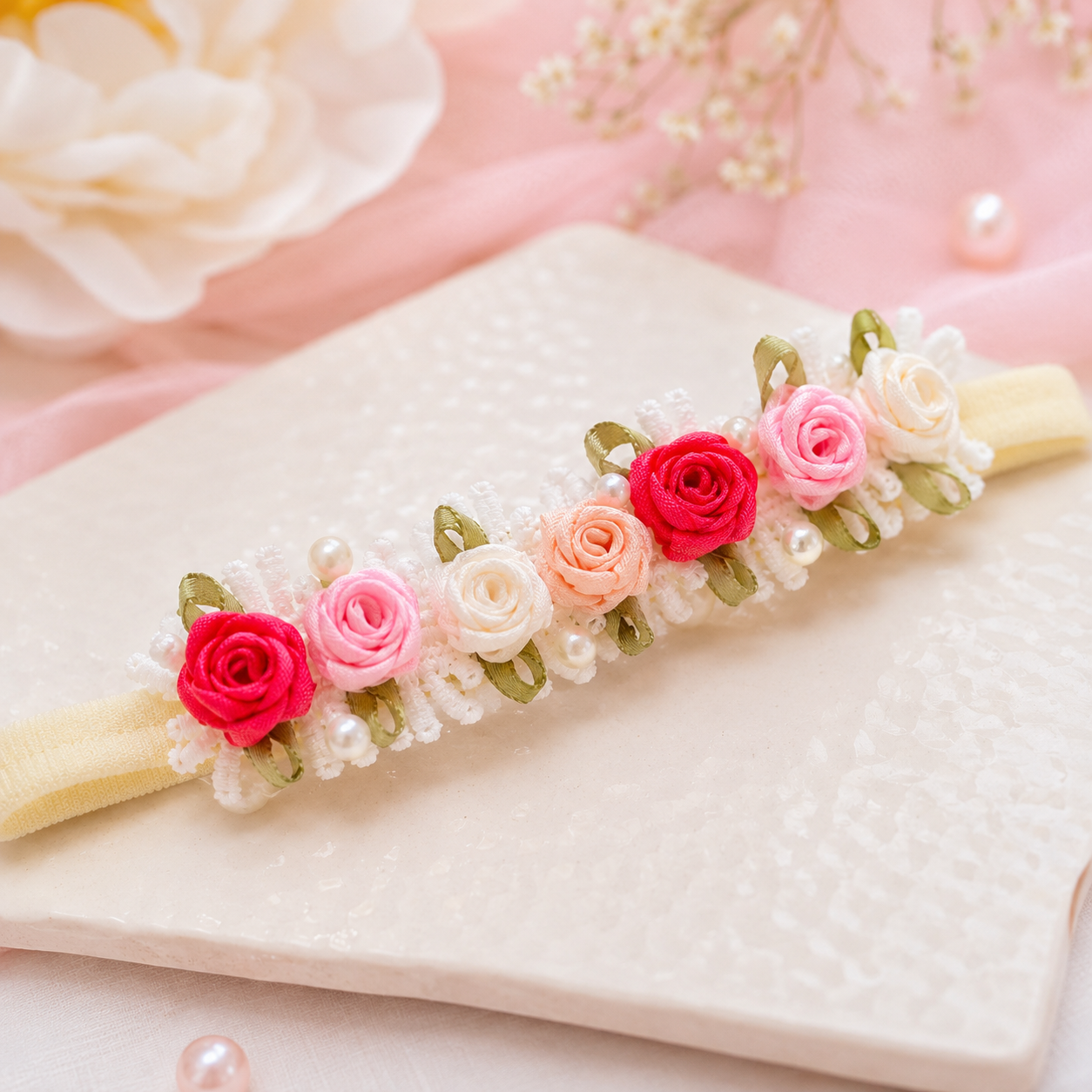 Multicolor Lace with Flowers and Pearls Soft Headband