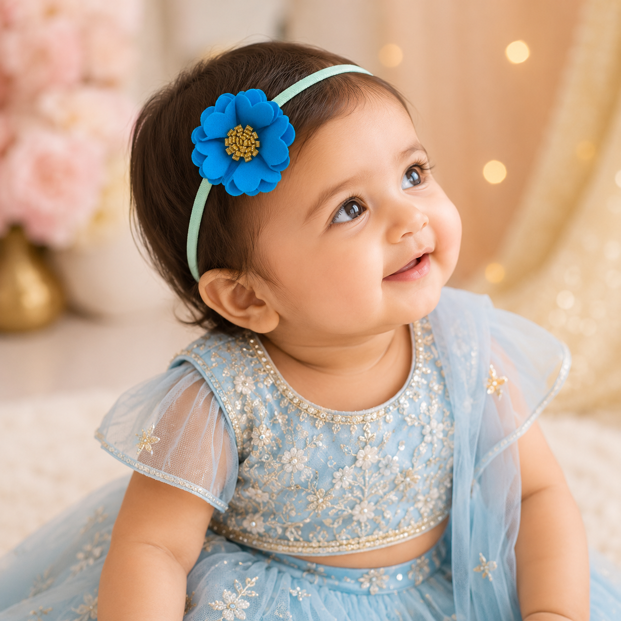 Scalloped Flower Soft Headband – Light Blue