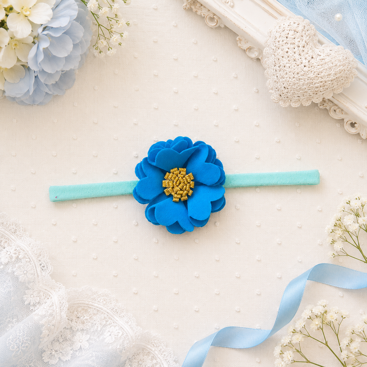 Scalloped Flower Soft Headband – Light Blue
