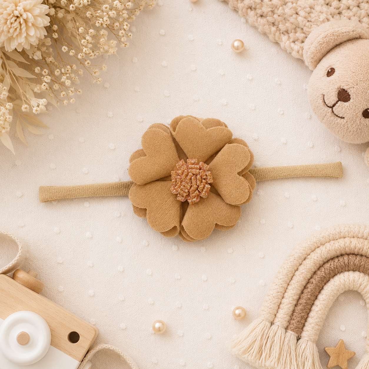 Scalloped Flower Soft Headband – Light Brown