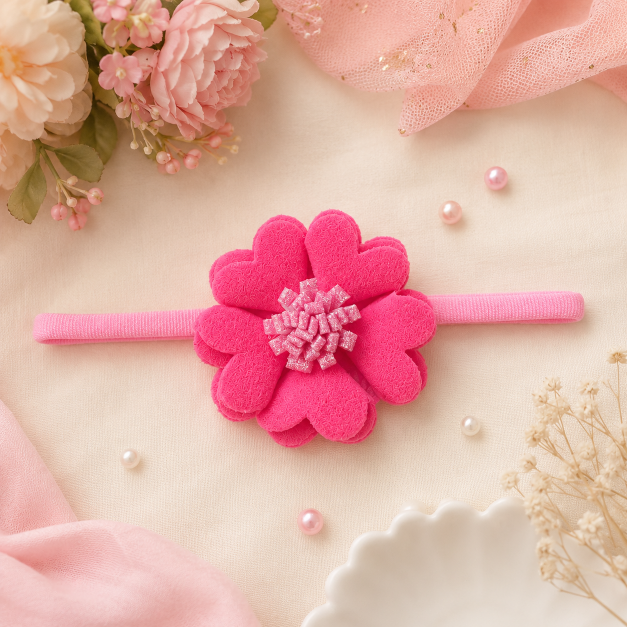 Scalloped Flower Soft Headband – Light Pink
