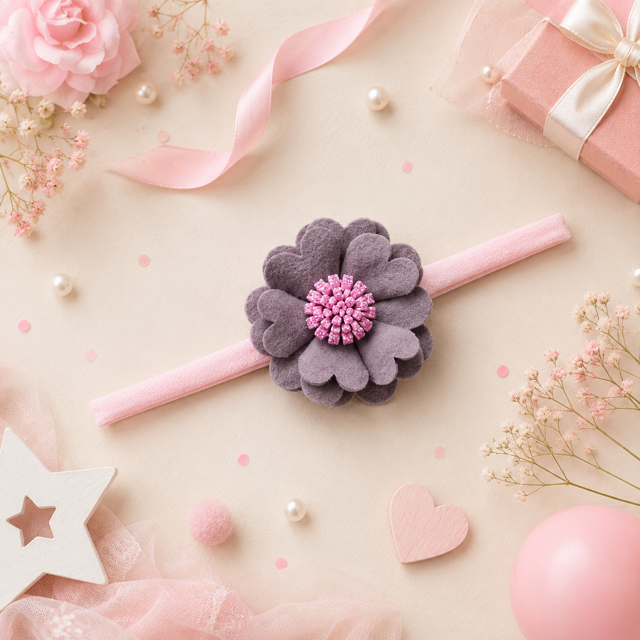 Scalloped Flower Soft Headband – Grey