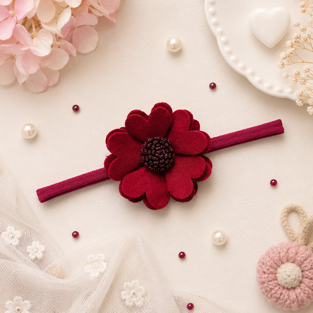 Scalloped Flower Soft Headband – Maroon