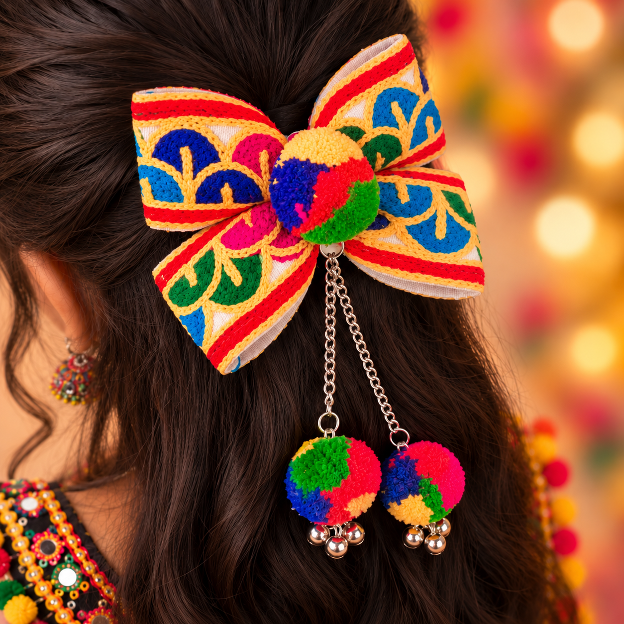 Navratri Multicolour Bow with Dangling Pom-Pom Alligator Clip
