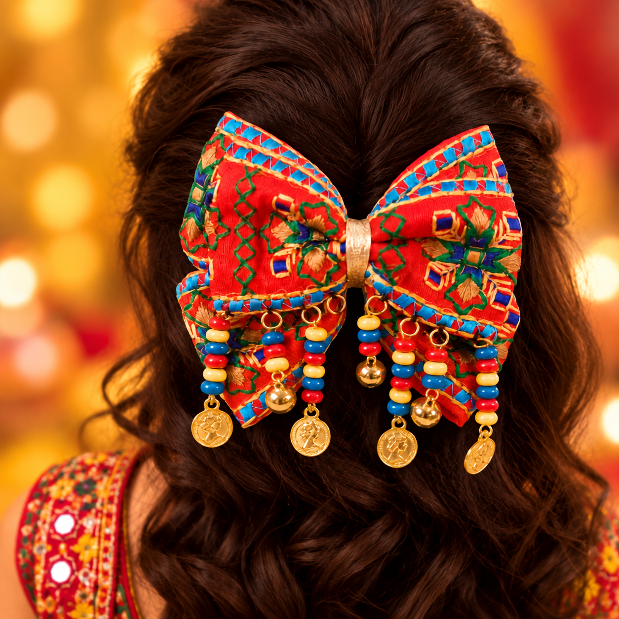 Rangeela Navratri Beaded Bow with Ghunghroo & Sikka Alligator Clip – Red