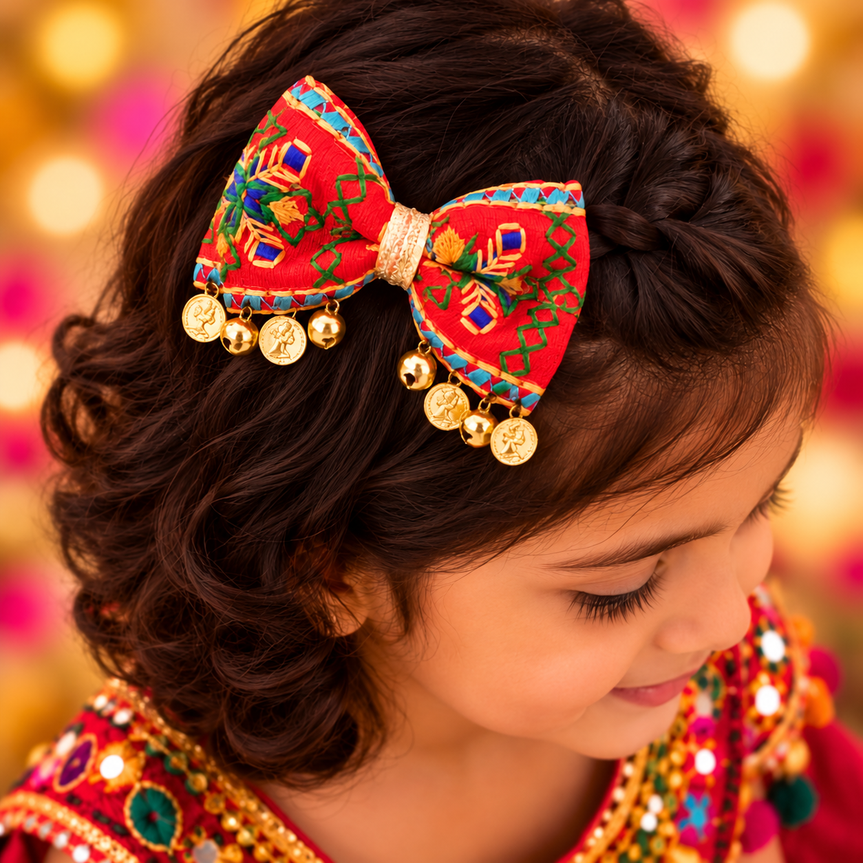 Rangeela Navratri Bow with Ghunghroo & Sikka Alligator Clip – Red