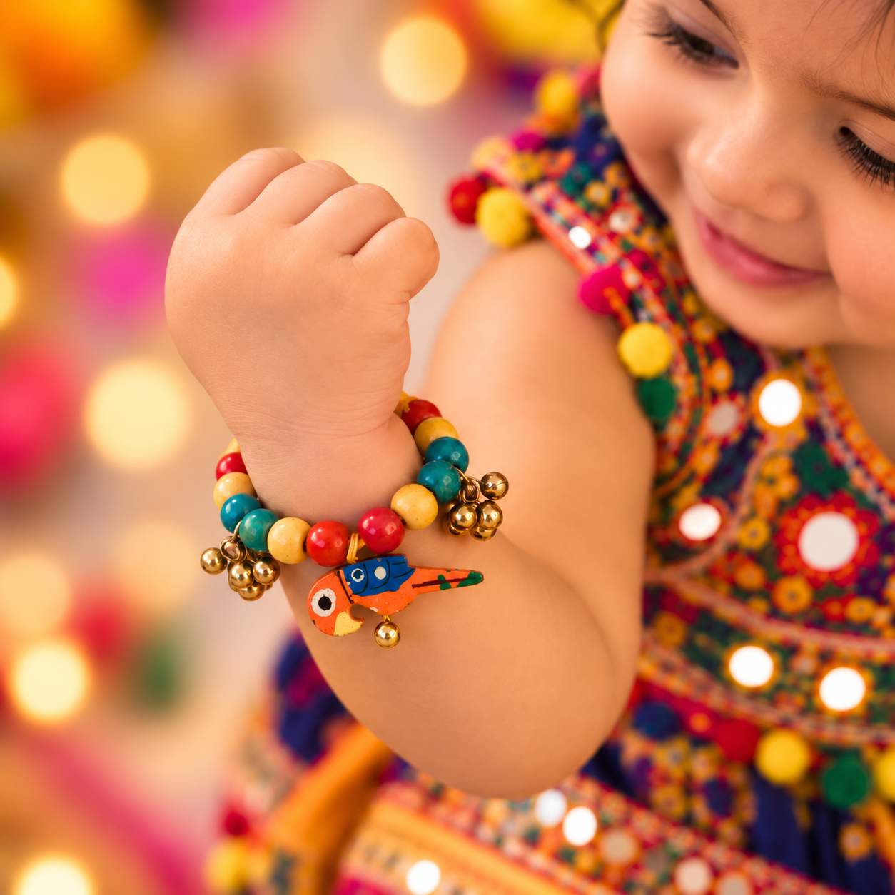 Navratri Parrot Adjustable Bracelet with Ghunghroo - Orange