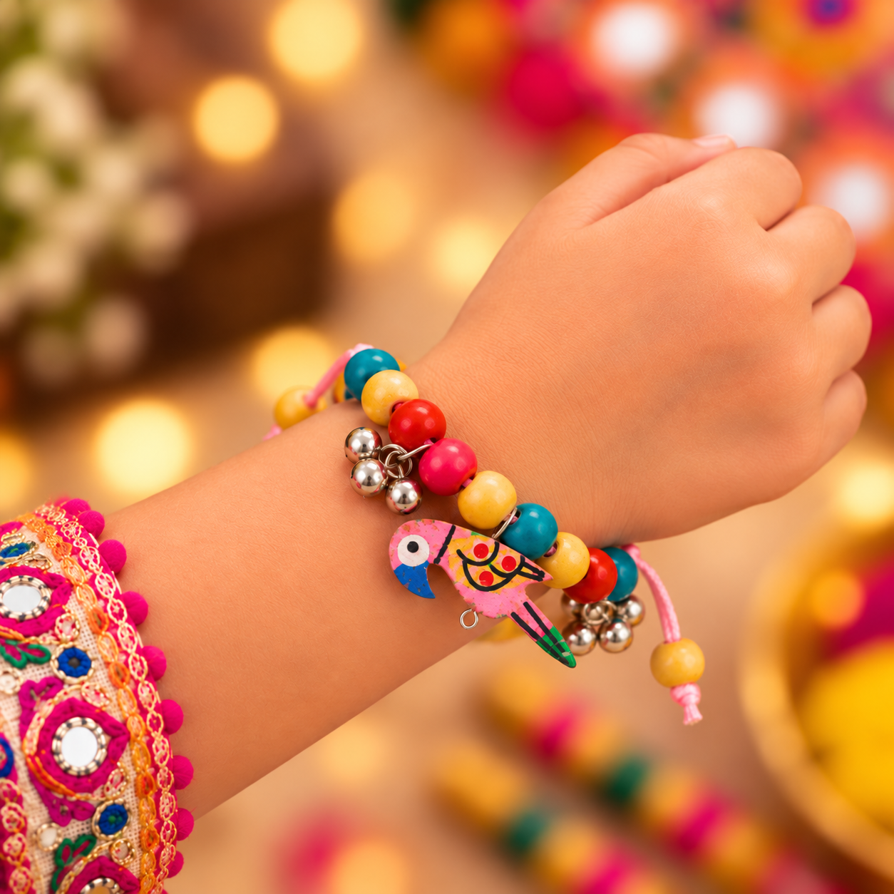 Navratri Parrot Adjustable Bracelet with Ghunghroo - Pink