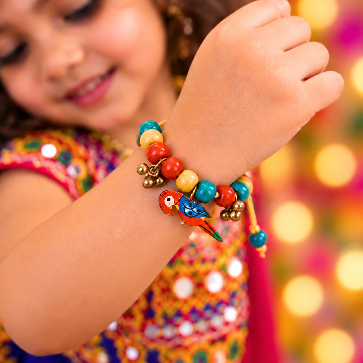 Navratri Parrot Adjustable Bracelet with Ghunghroo - Red