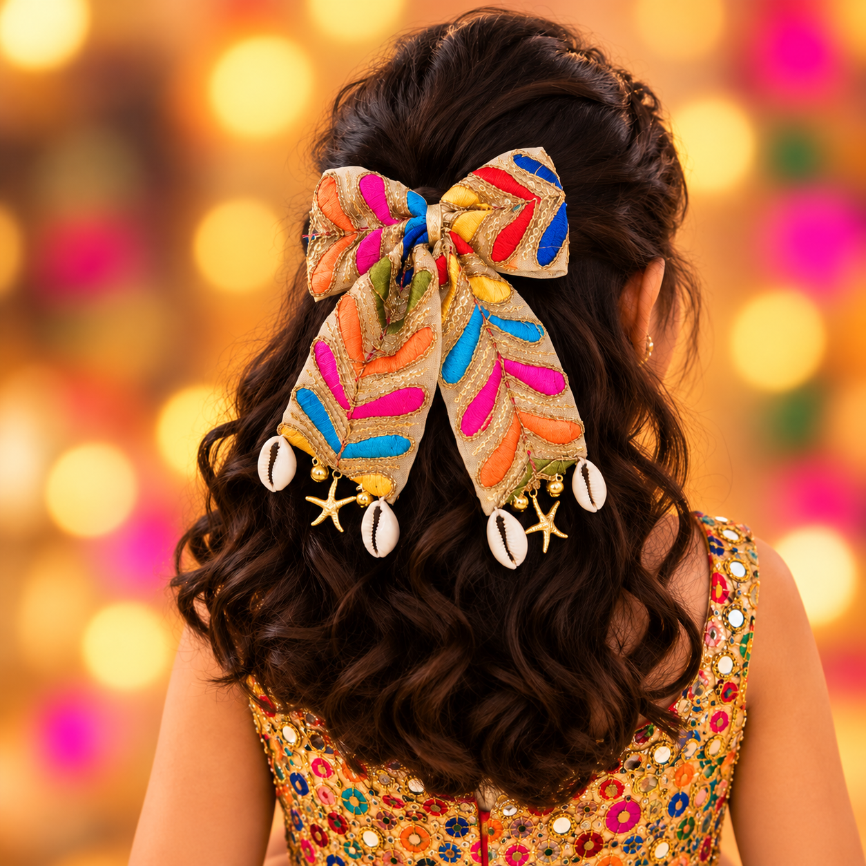 Golden Navratri PiggyTail Bow with Kaudi, Star & Ghunghroo Alligator Clip