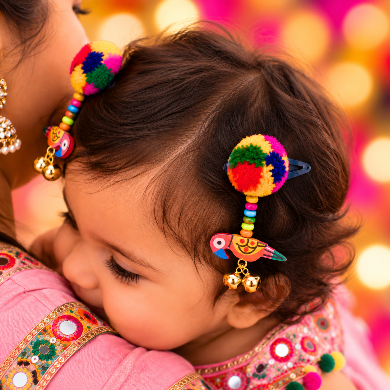 Navratri Parrot & Pompom Snap-On Clips – Pink
