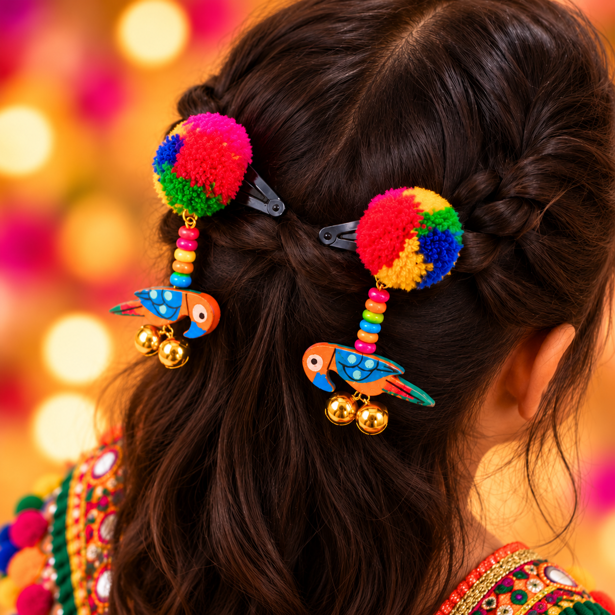 Navratri Parrot & Pompom Snap-On Clips – Orange