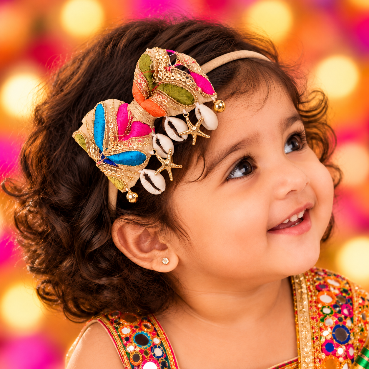 Navratri Golden Soft Headband with Kaudi, Star & Ghungroo