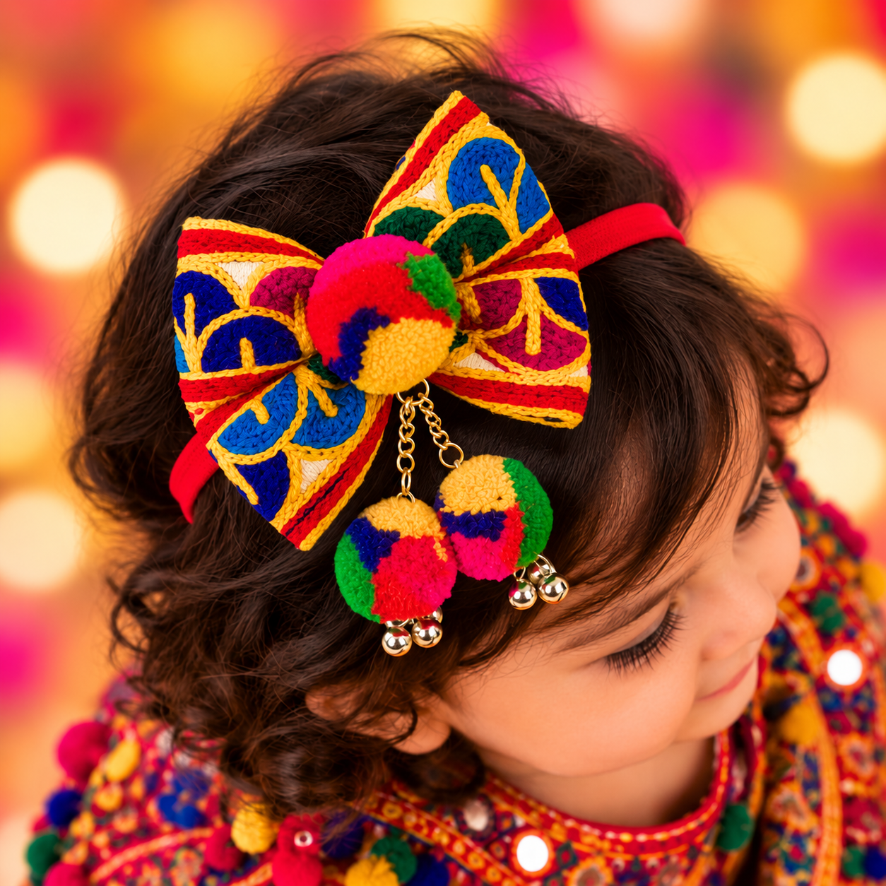 Navratri Embroidery Soft Headband with Dangling Pompom & Ghungroo