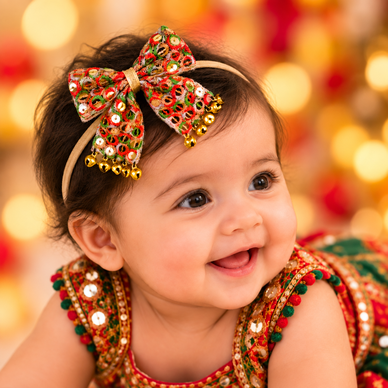 Sitaara Navratri Soft Headband with Dangling Ghunghroo - Orange & Green