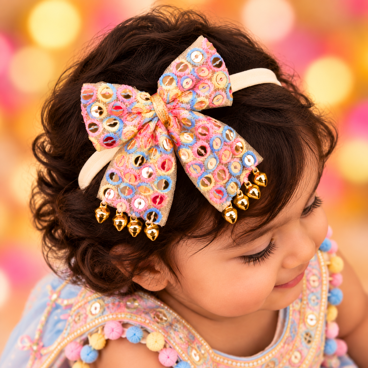 Sitaara Navratri Soft Headband with Dangling Ghunghroo - Pink & Blue
