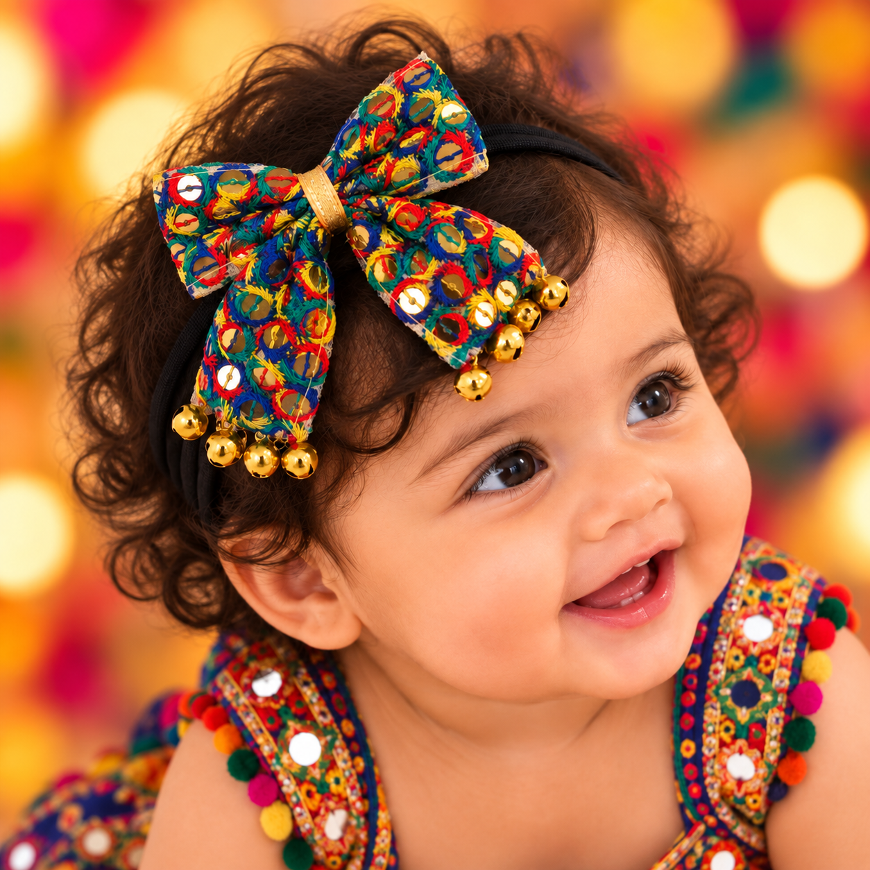 Sitaara Navratri Soft Headband with Dangling Ghunghroo - Red & Blue