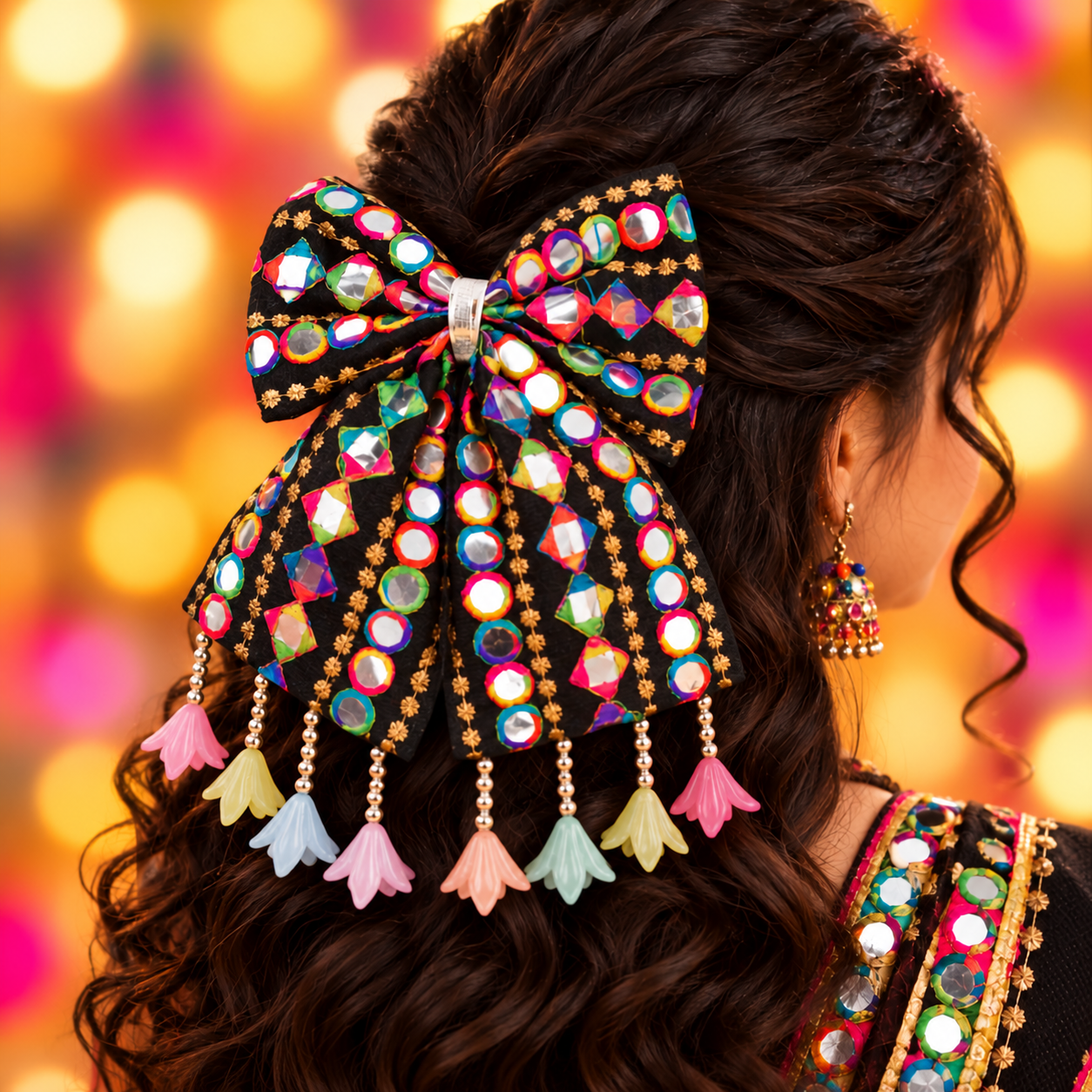 RaatRani Navratri PiggyTail Bow with Tulip Flower Alligator Clip