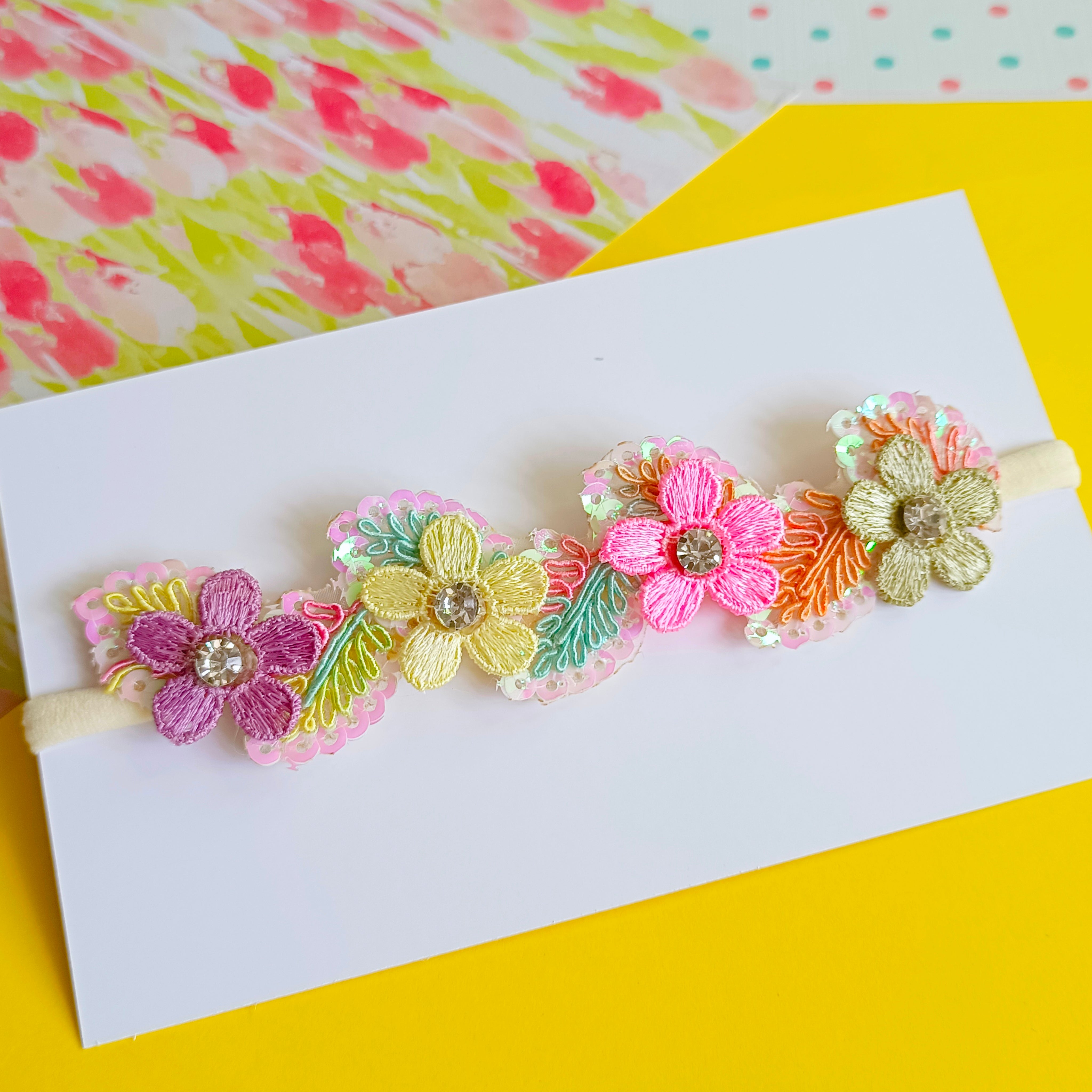 Soft baby headband for newborn girls with floral lace design