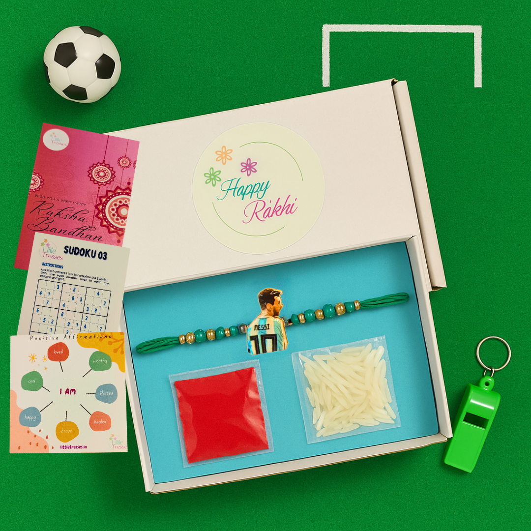Messi Rakhi for Boys – Football Theme Rakhi with Roli, Rice & Cards