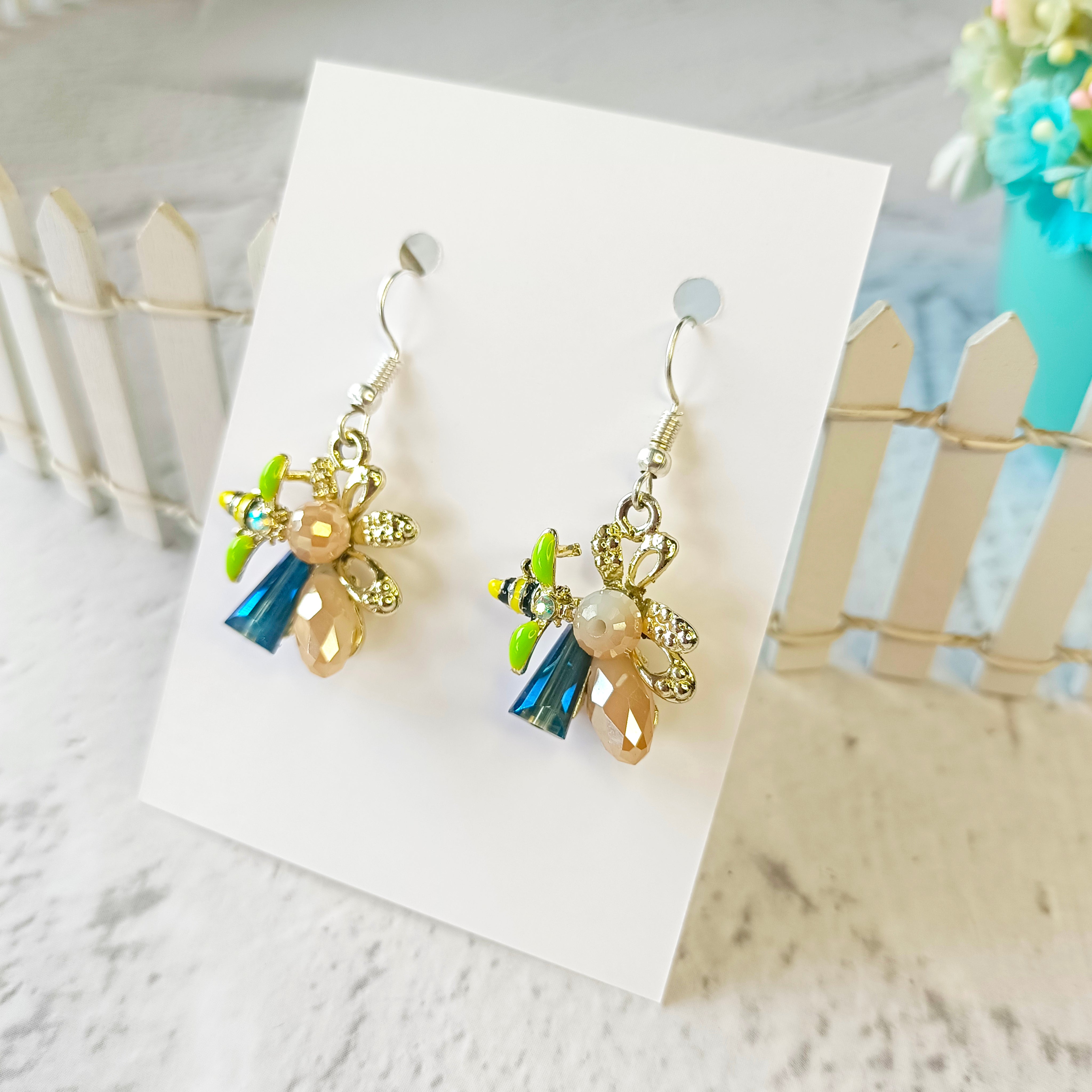 Honey Bee on Flower Earrings - Blue