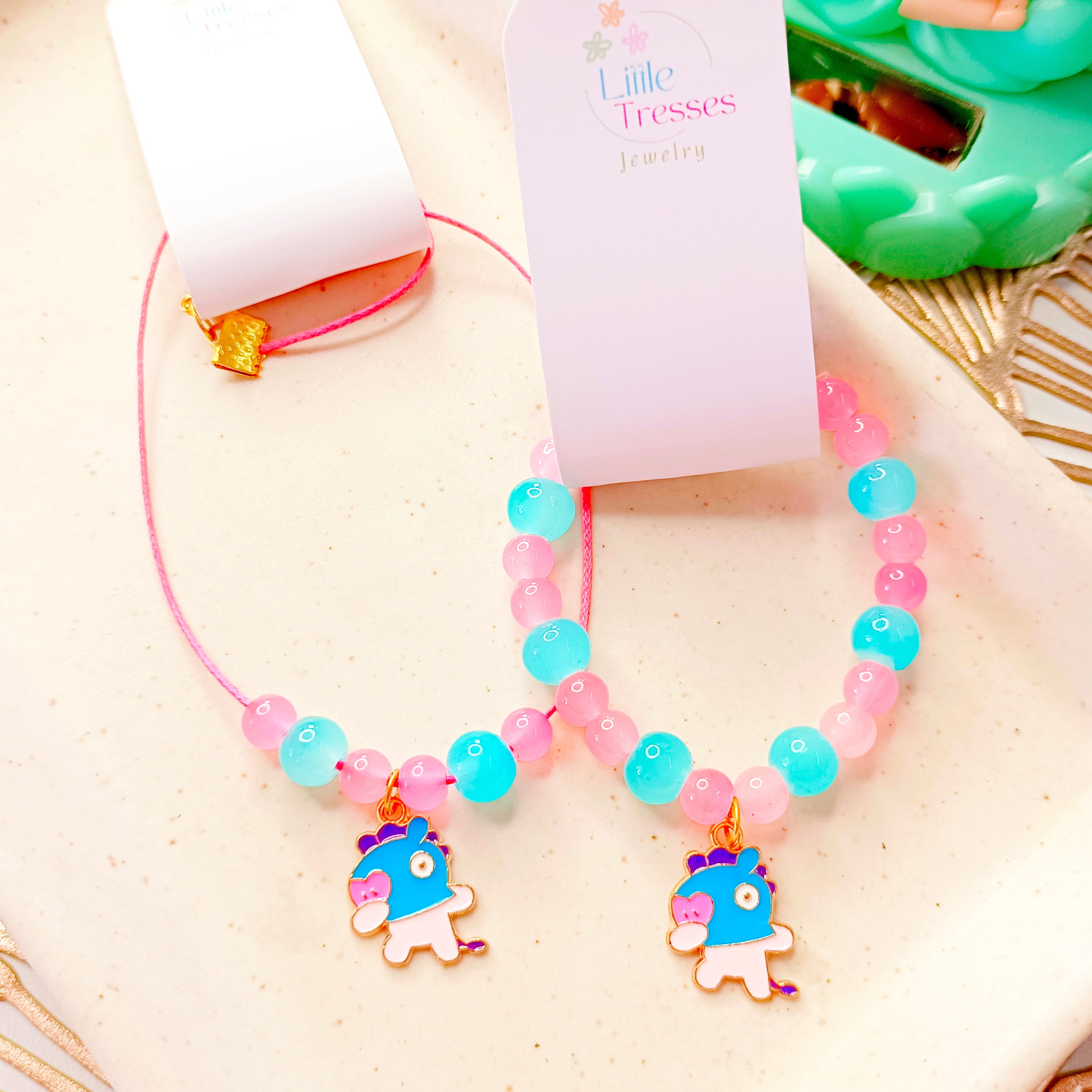 Little Dino Bracelet & Pendant Set - Blue & Pink