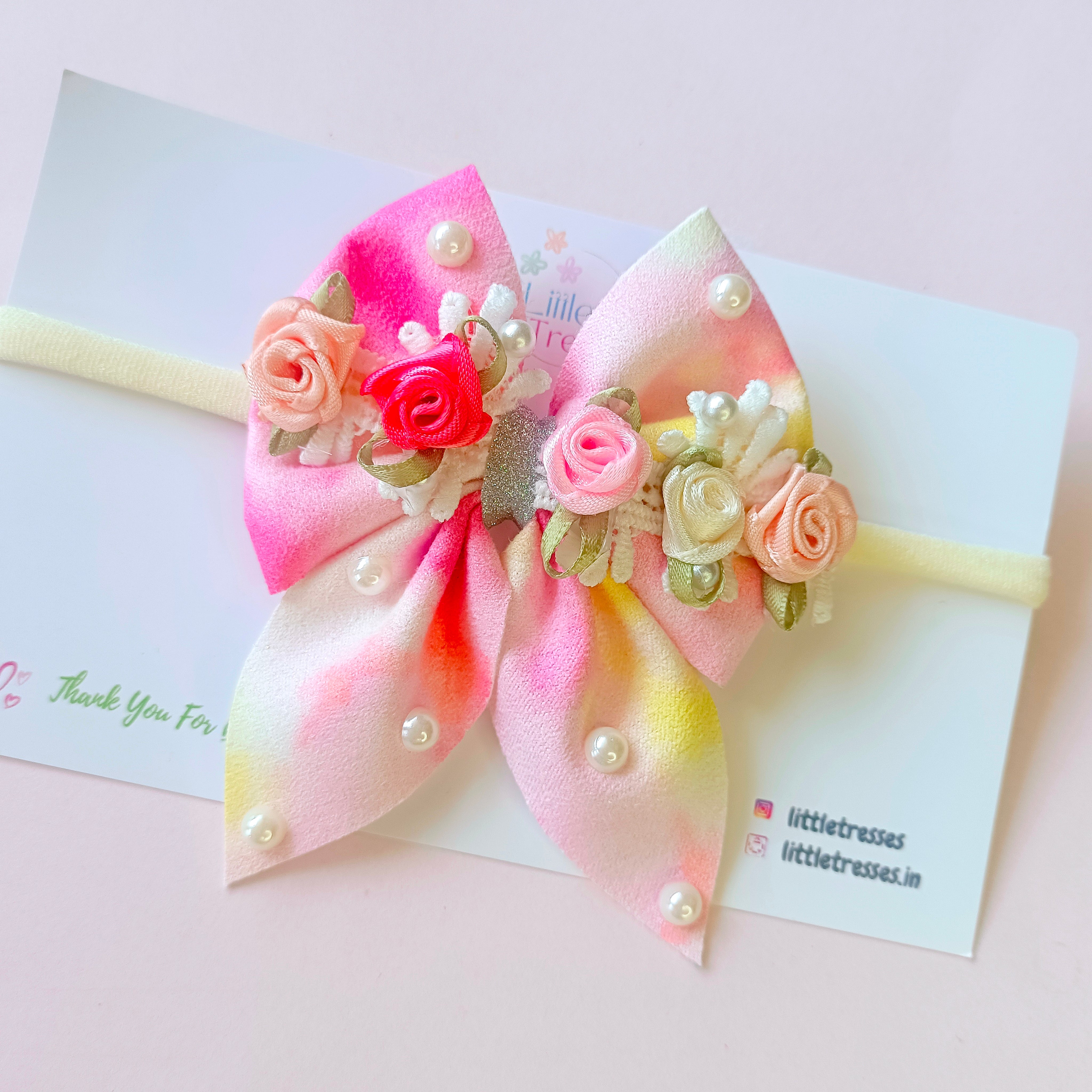 Partywear Flower and Pearls Piggy Bow Soft Headband