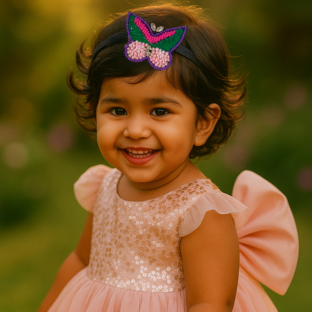 Green & Pink Beaded Butterfly Soft Headband