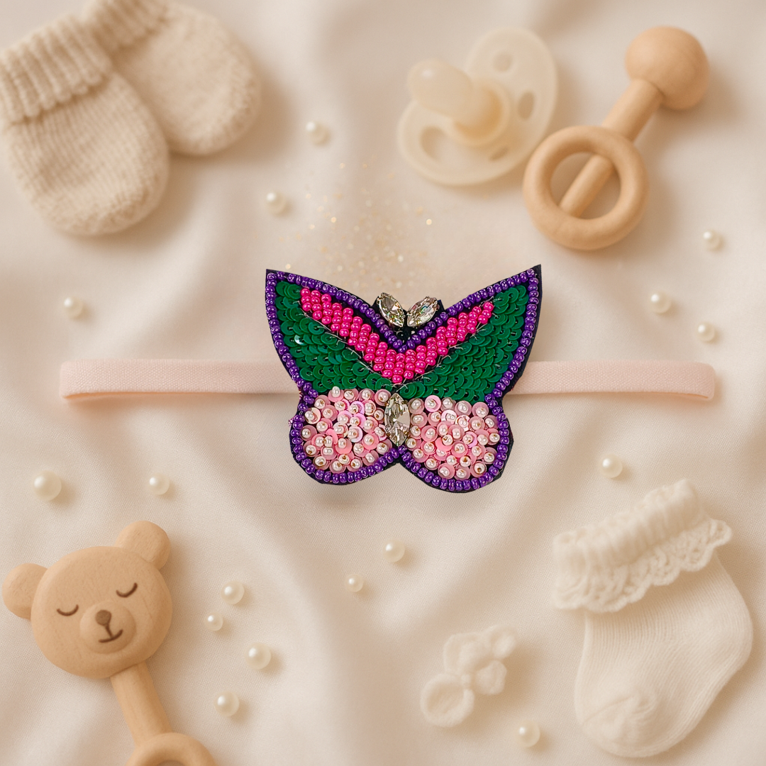 Green & Pink Beaded Butterfly Soft Headband