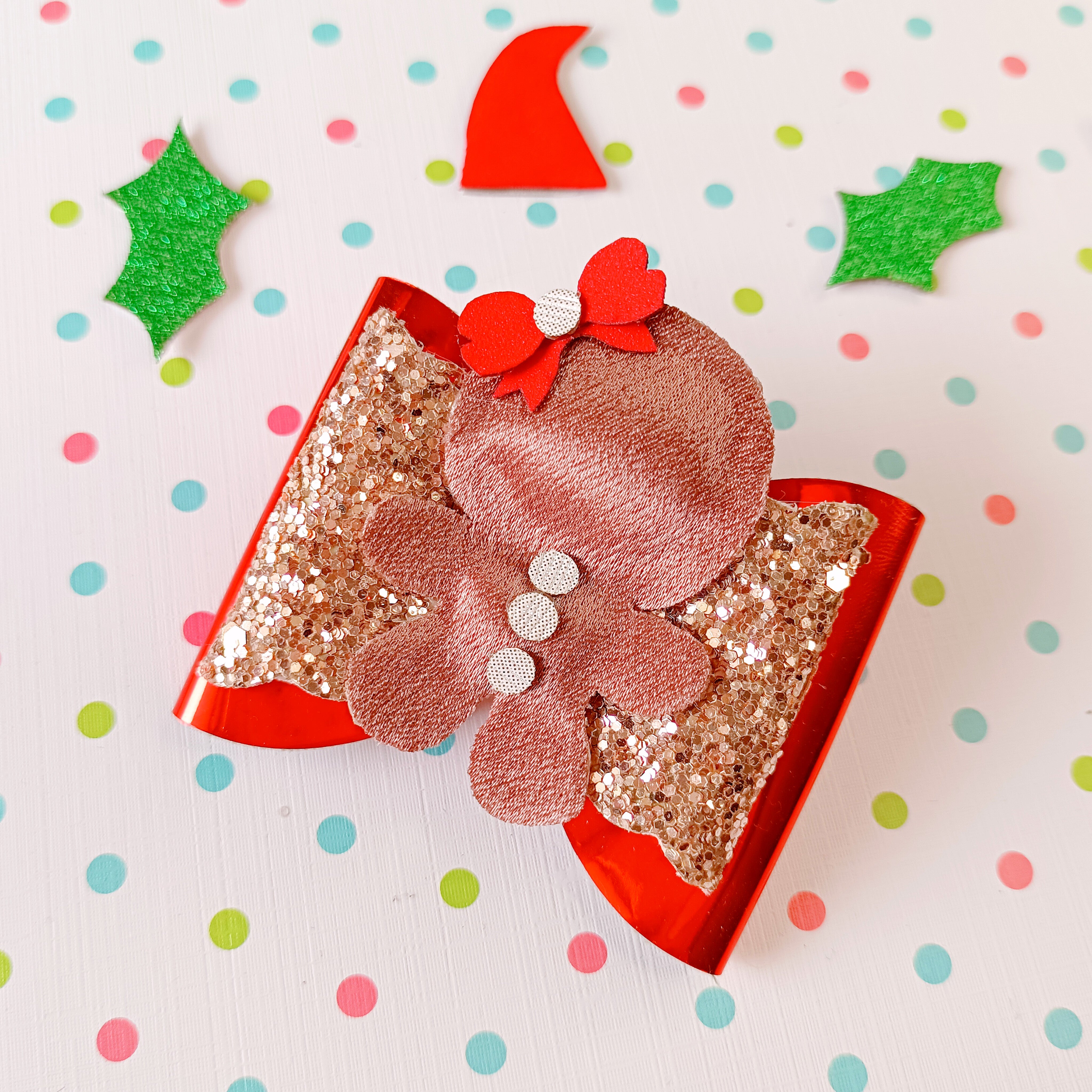 Gingerbread Alligator Clip - Red & Brown