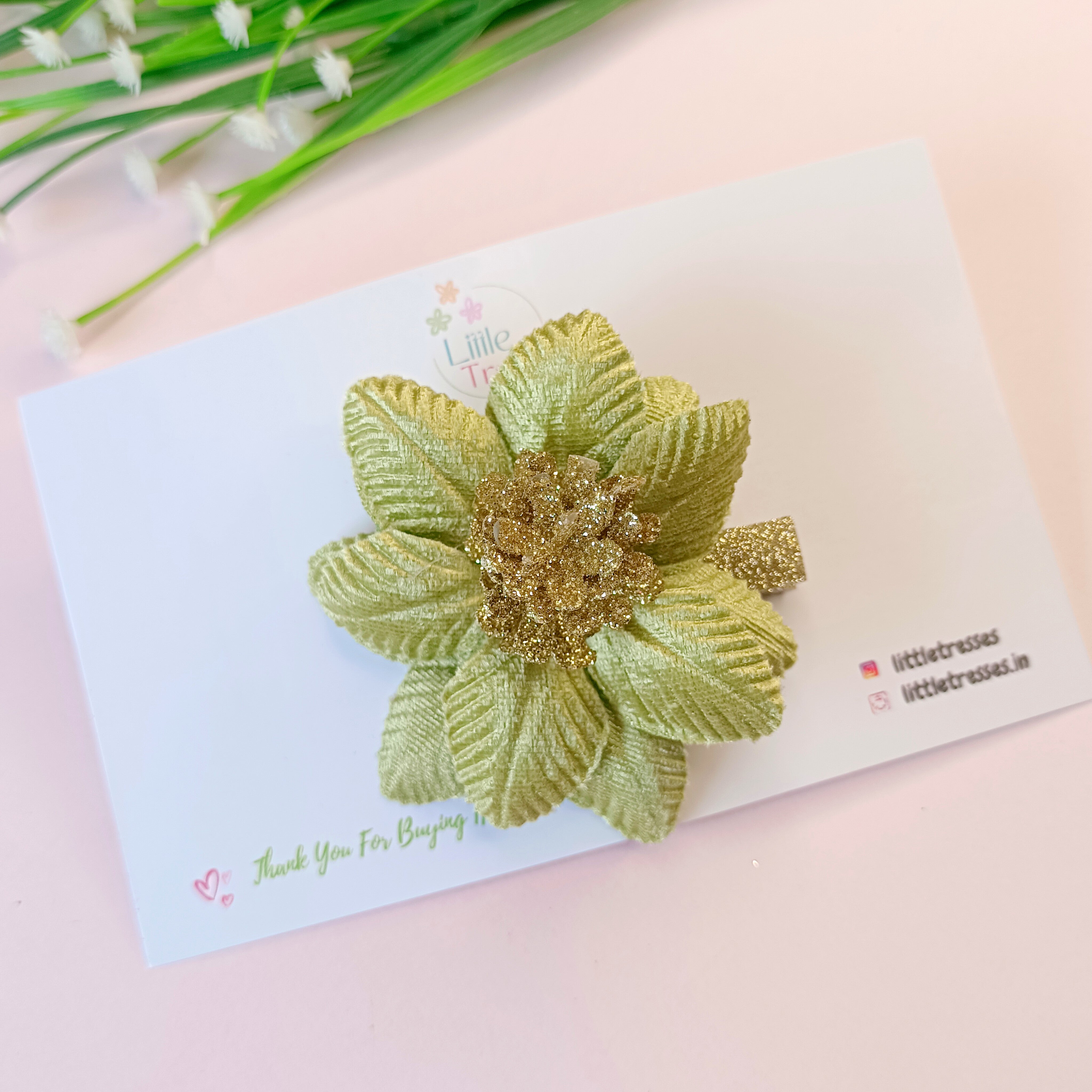 Layered Satin Flower Alligator Clip - Green