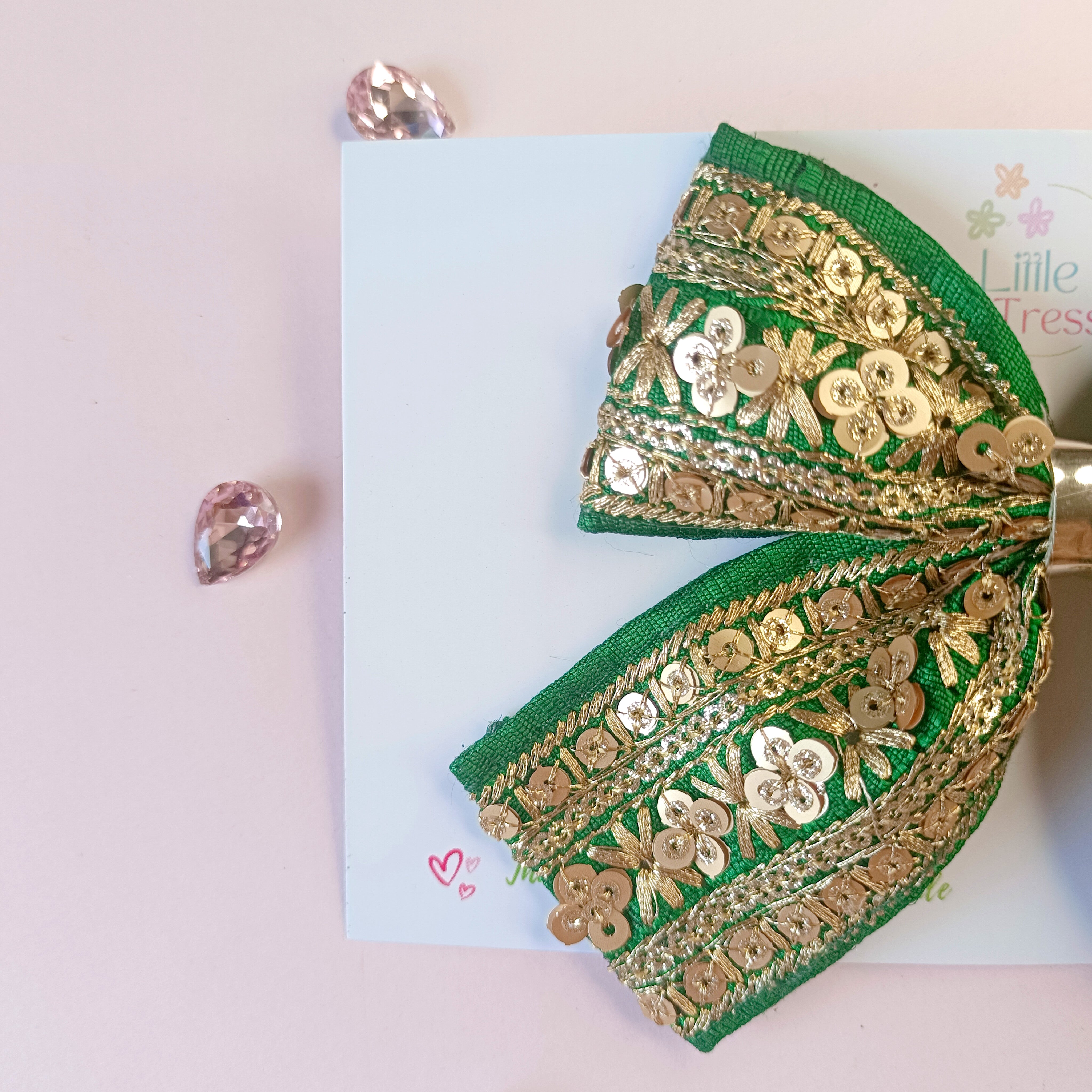 Piggy Tail Embroidery Bow Alligator Clip - Dark Green