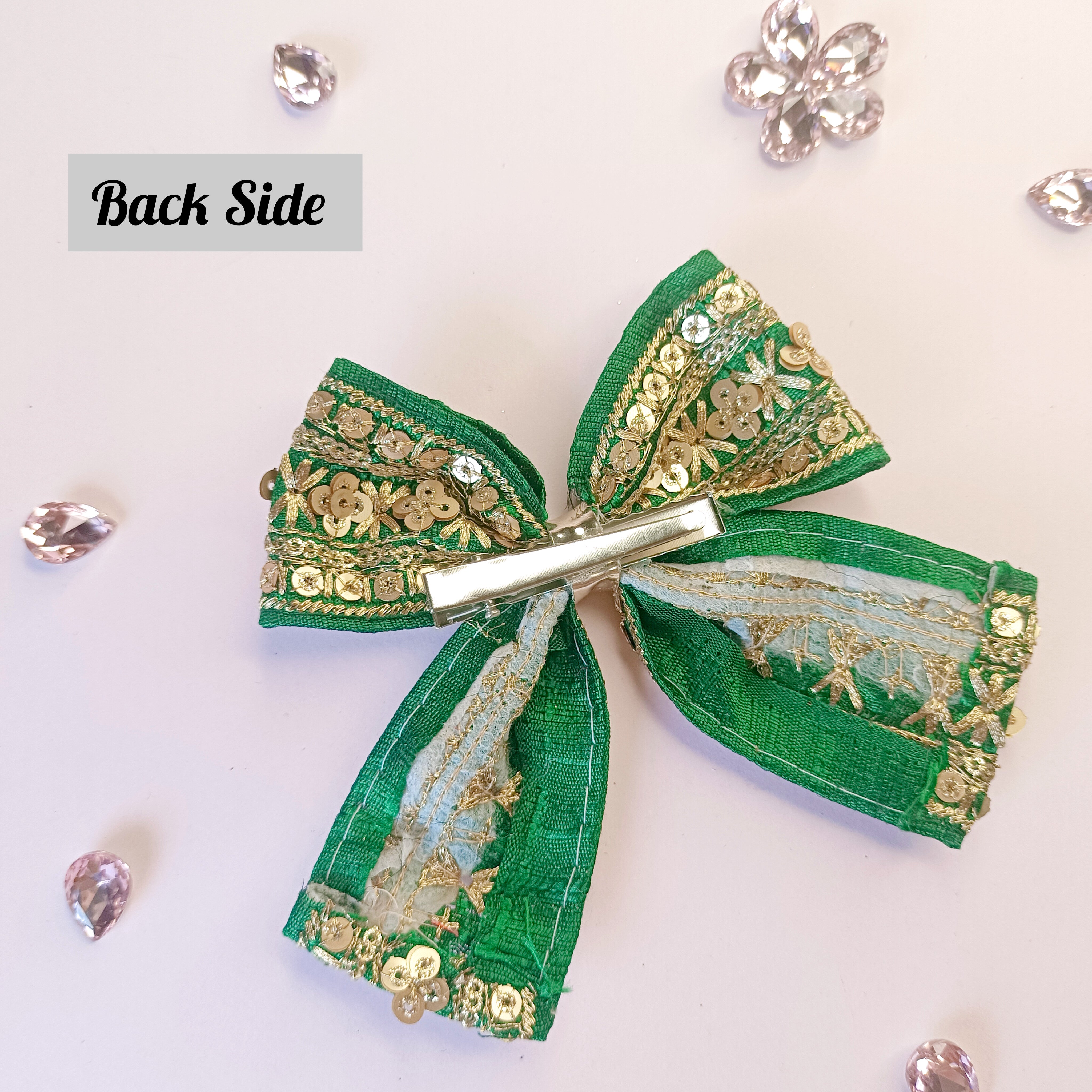 Piggy Tail Embroidery Bow Alligator Clip - Dark Green