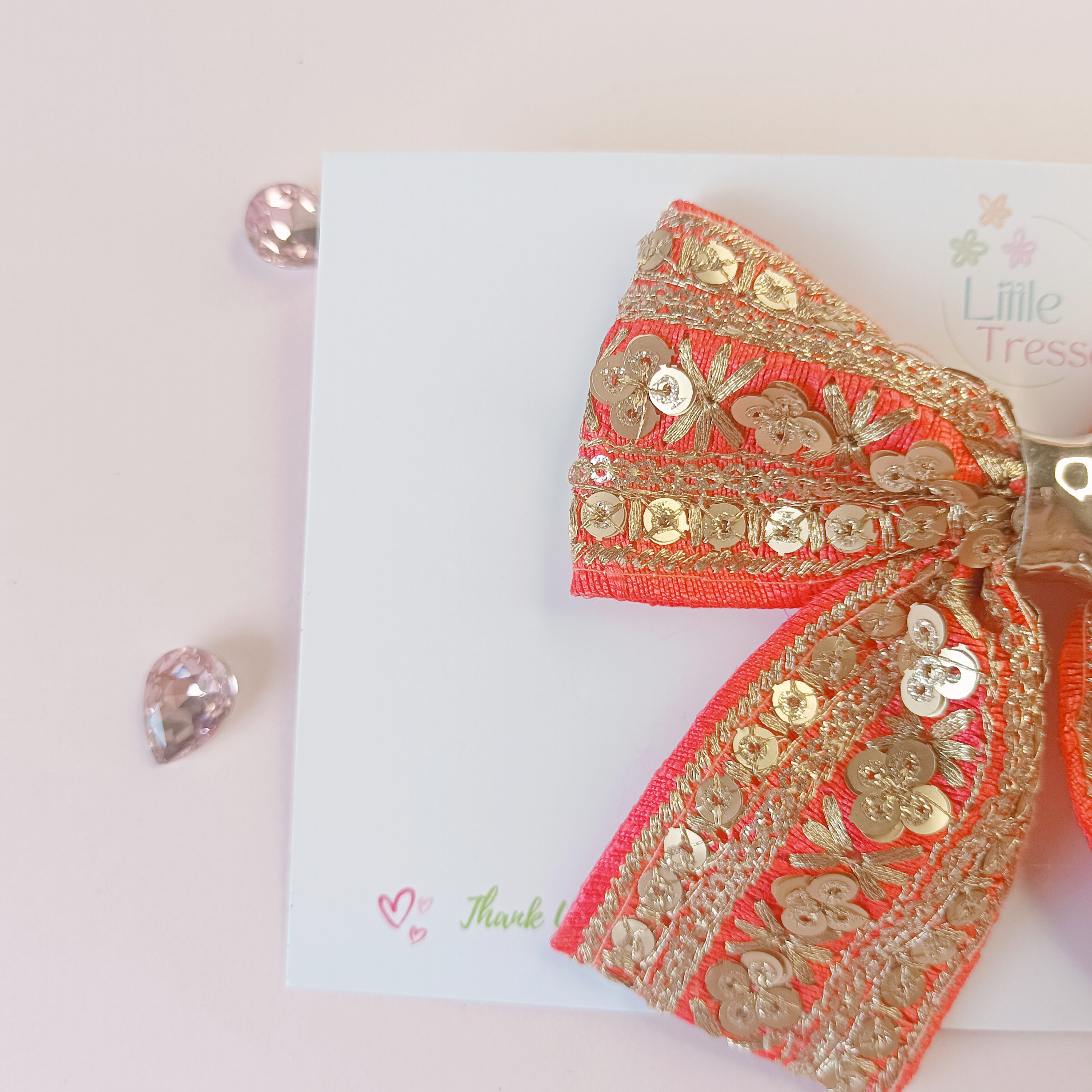 Piggy Tail Embroidery Bow Alligator Clip - Dark Peach