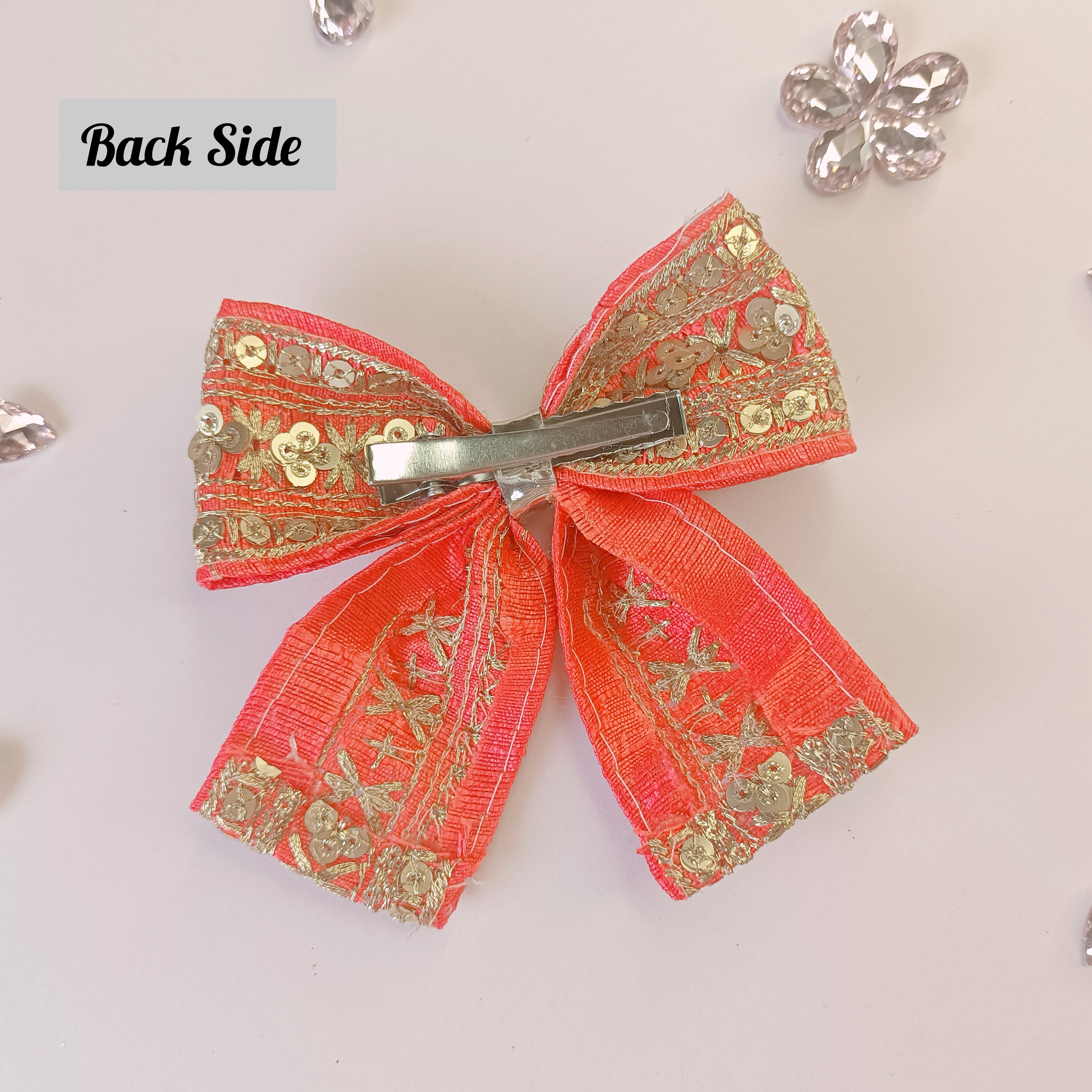 Piggy Tail Embroidery Bow Alligator Clip - Dark Peach