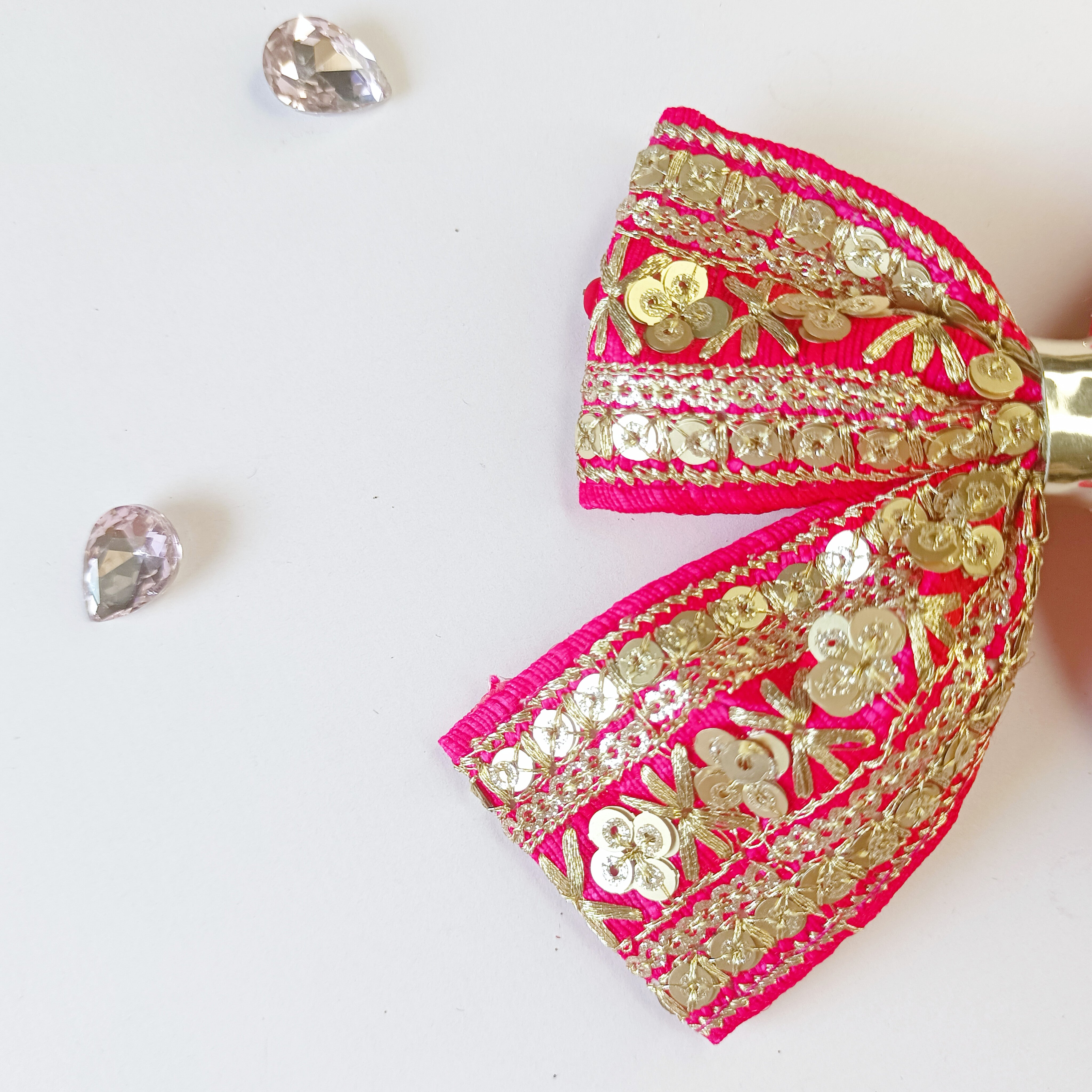 Piggy Tail Embroidery Bow Alligator Clip - Dark Pink