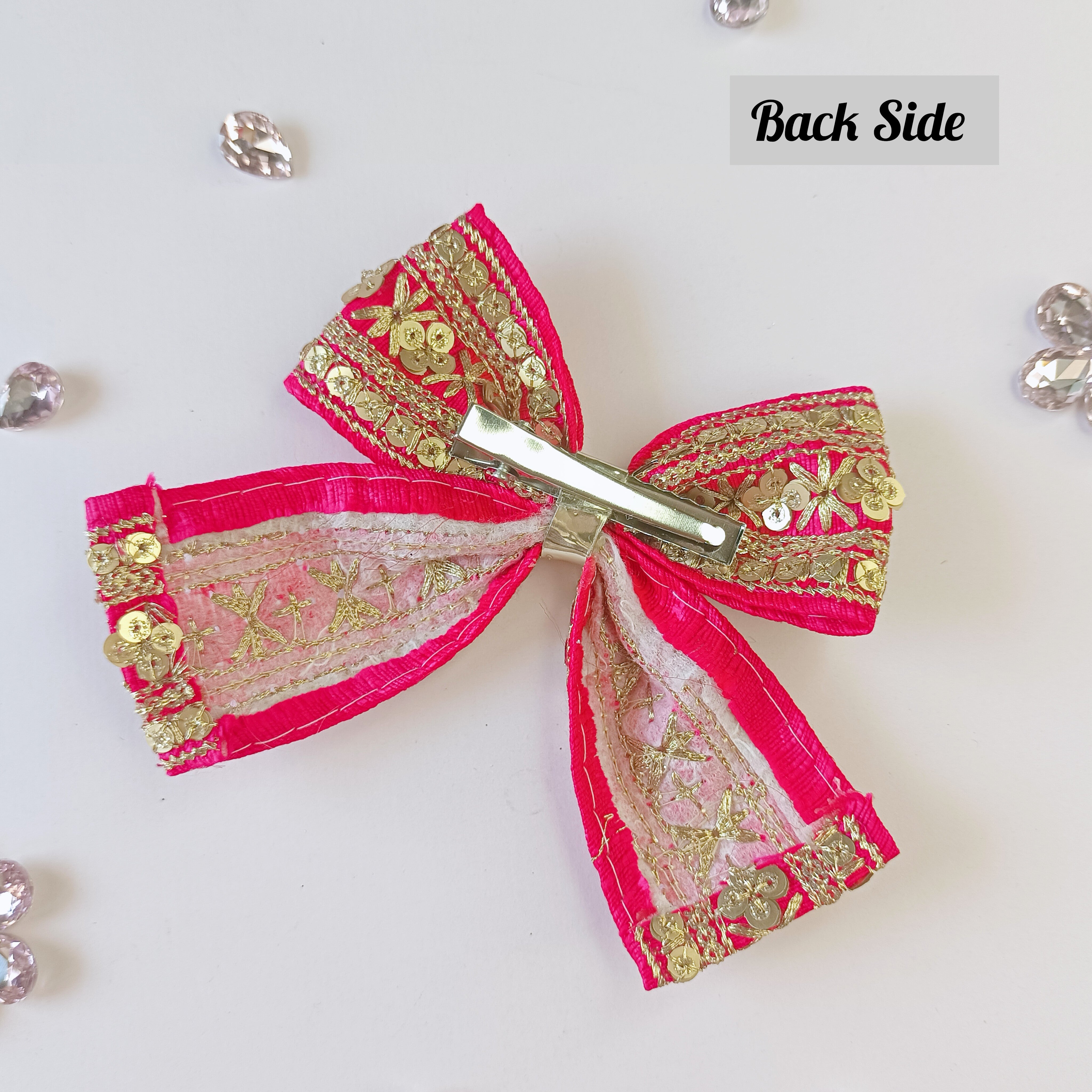 Piggy Tail Embroidery Bow Alligator Clip - Dark Pink