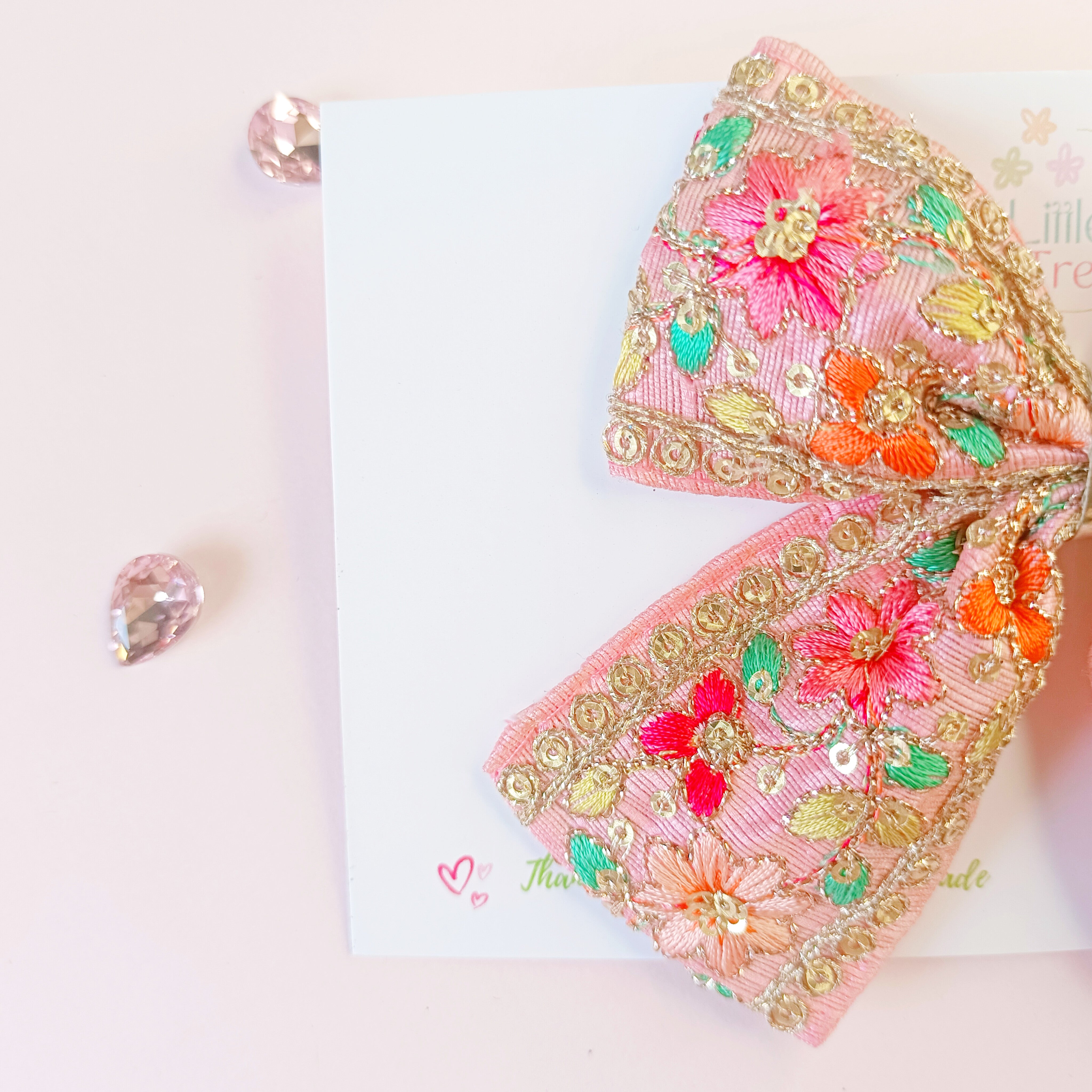 Piggy Tail Embroidery Bow Alligator Clip - Light Pink