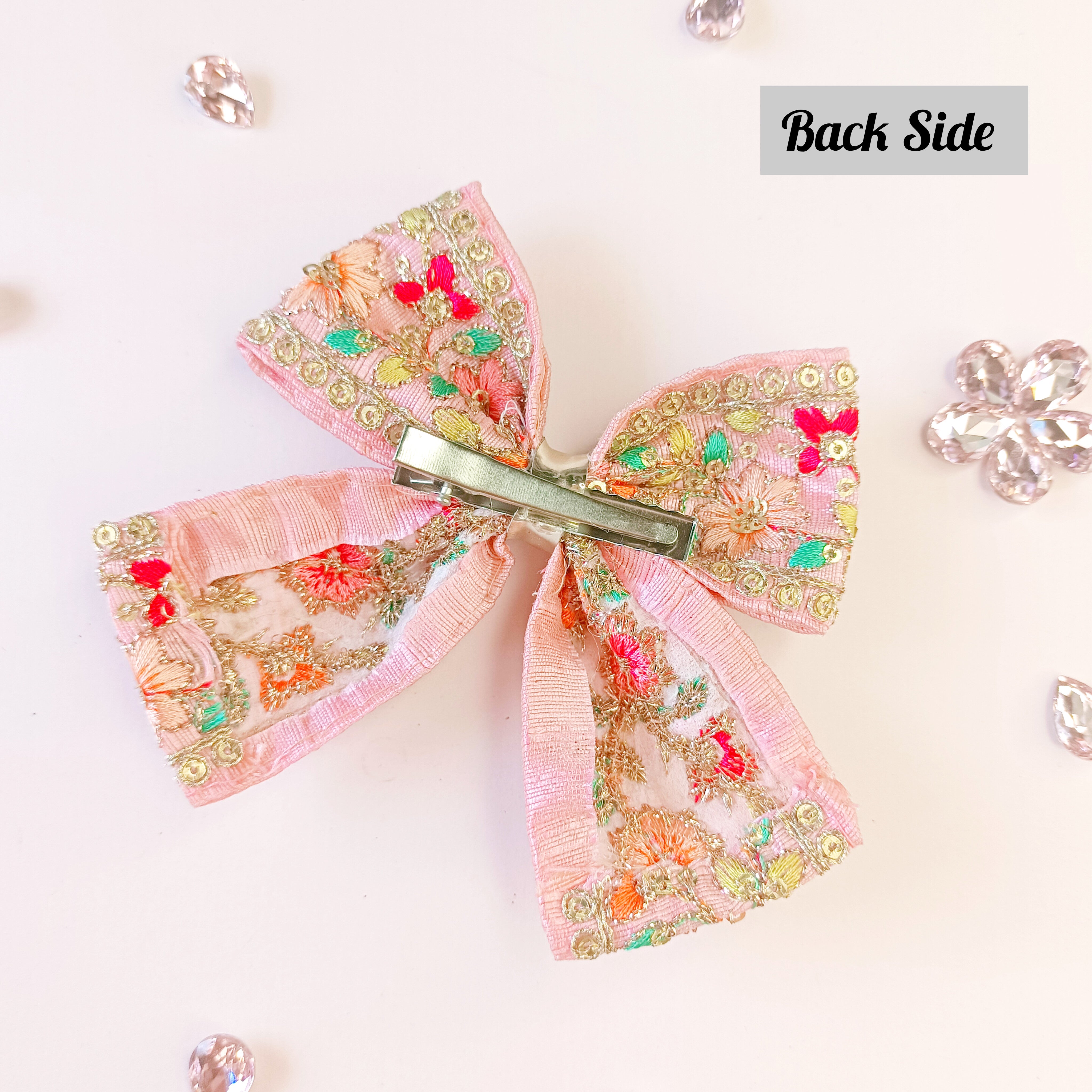 Piggy Tail Embroidery Bow Alligator Clip - Light Pink