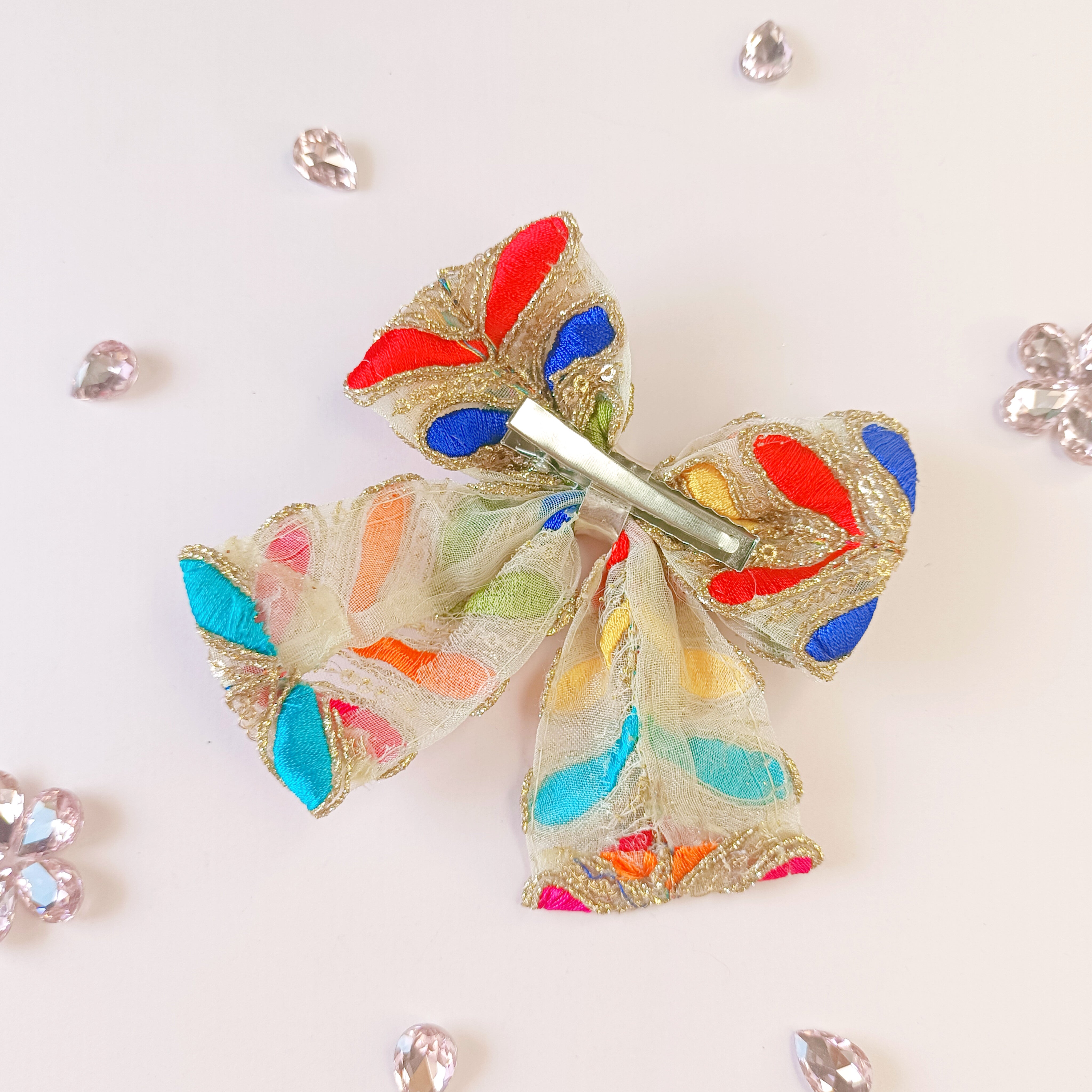 Multicolor Embroidery Piggy Tail Bow Alligator Clip