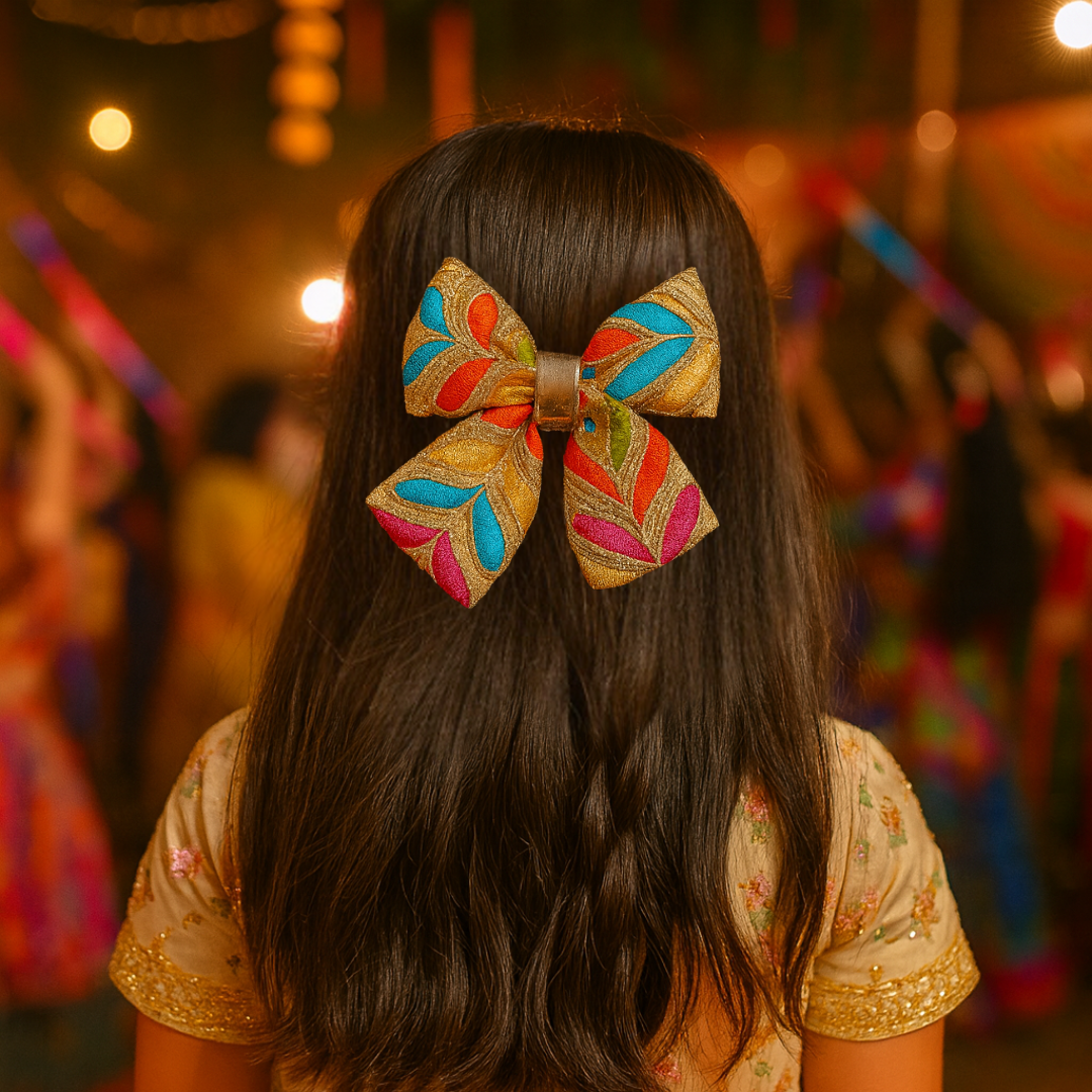 Embroidery Piggy Tail Bow Alligator Clip - Multicolor