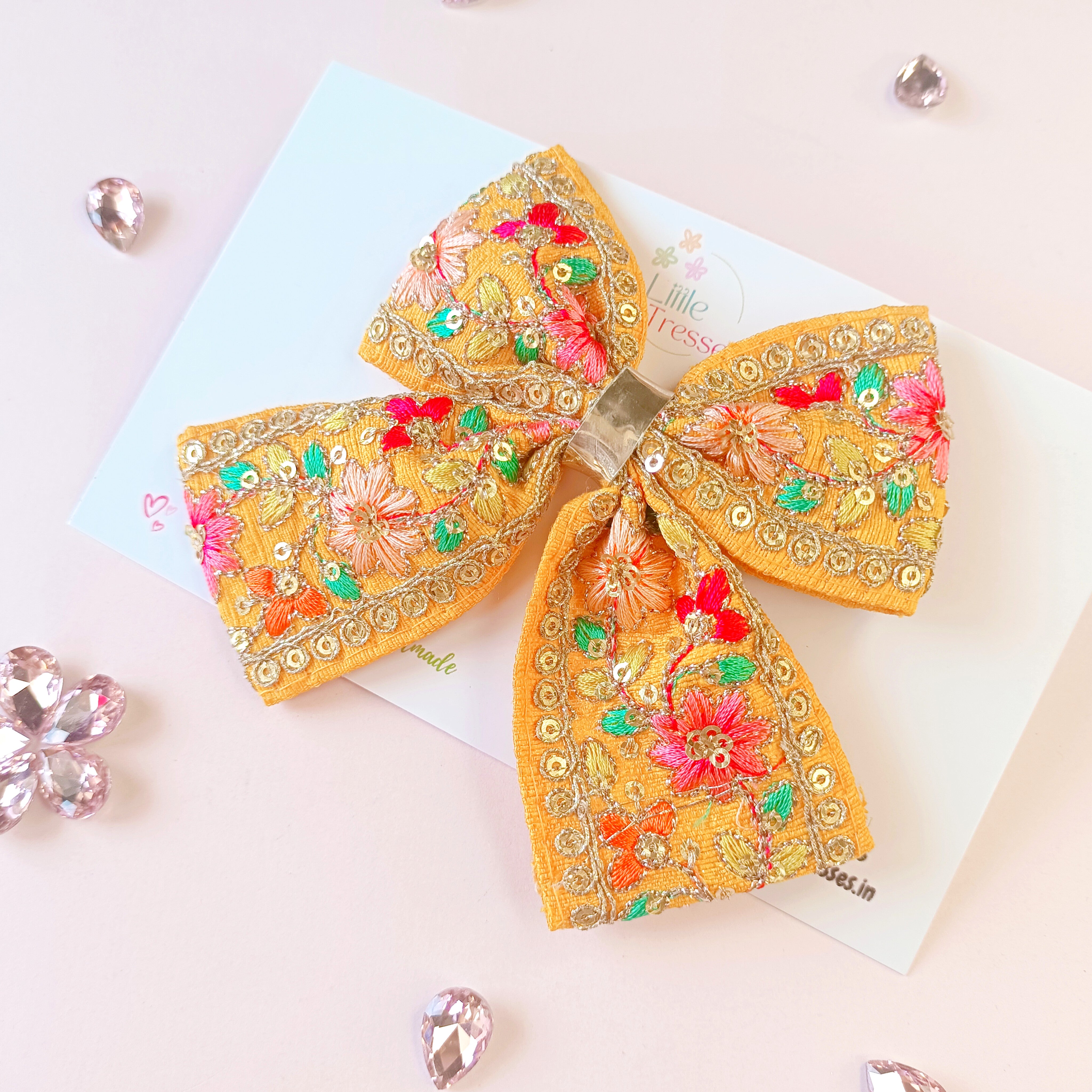 Piggy Tail Embroidery Bow Alligator Clip -Mustard