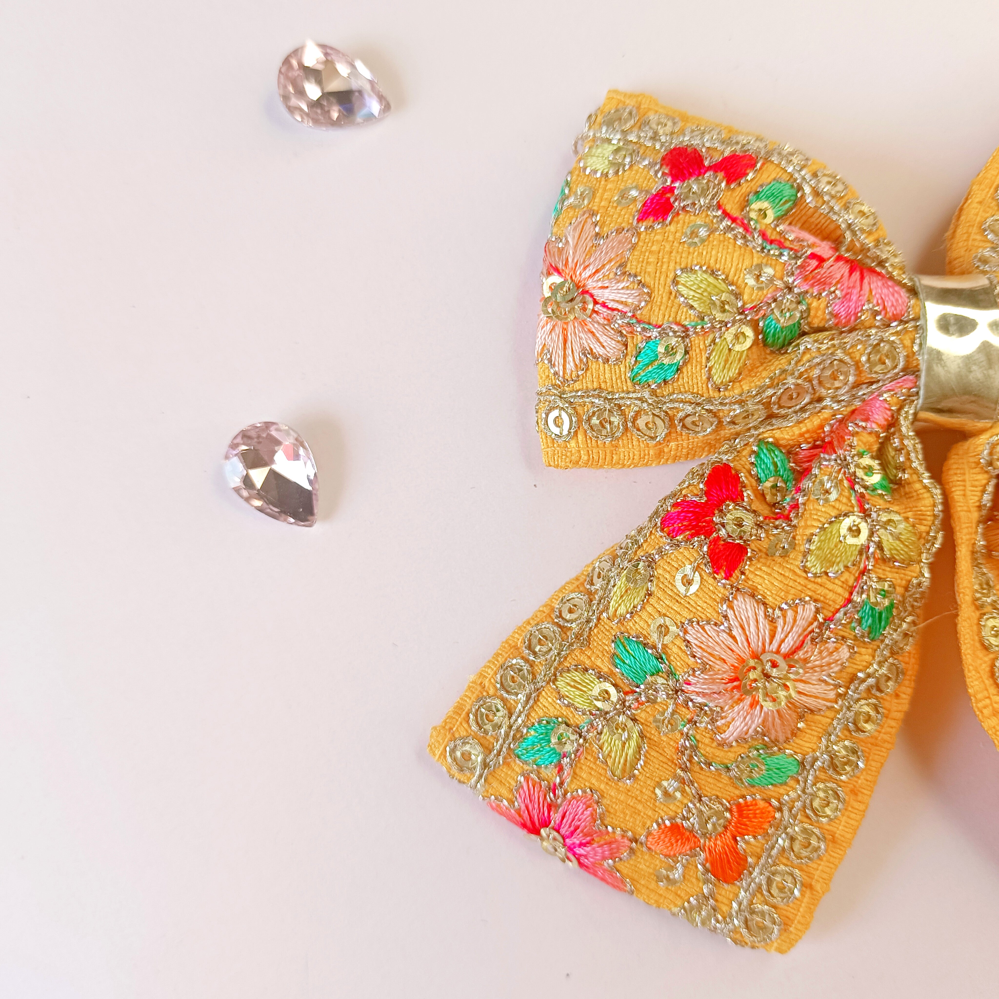 Piggy Tail Embroidery Bow Alligator Clip -Mustard