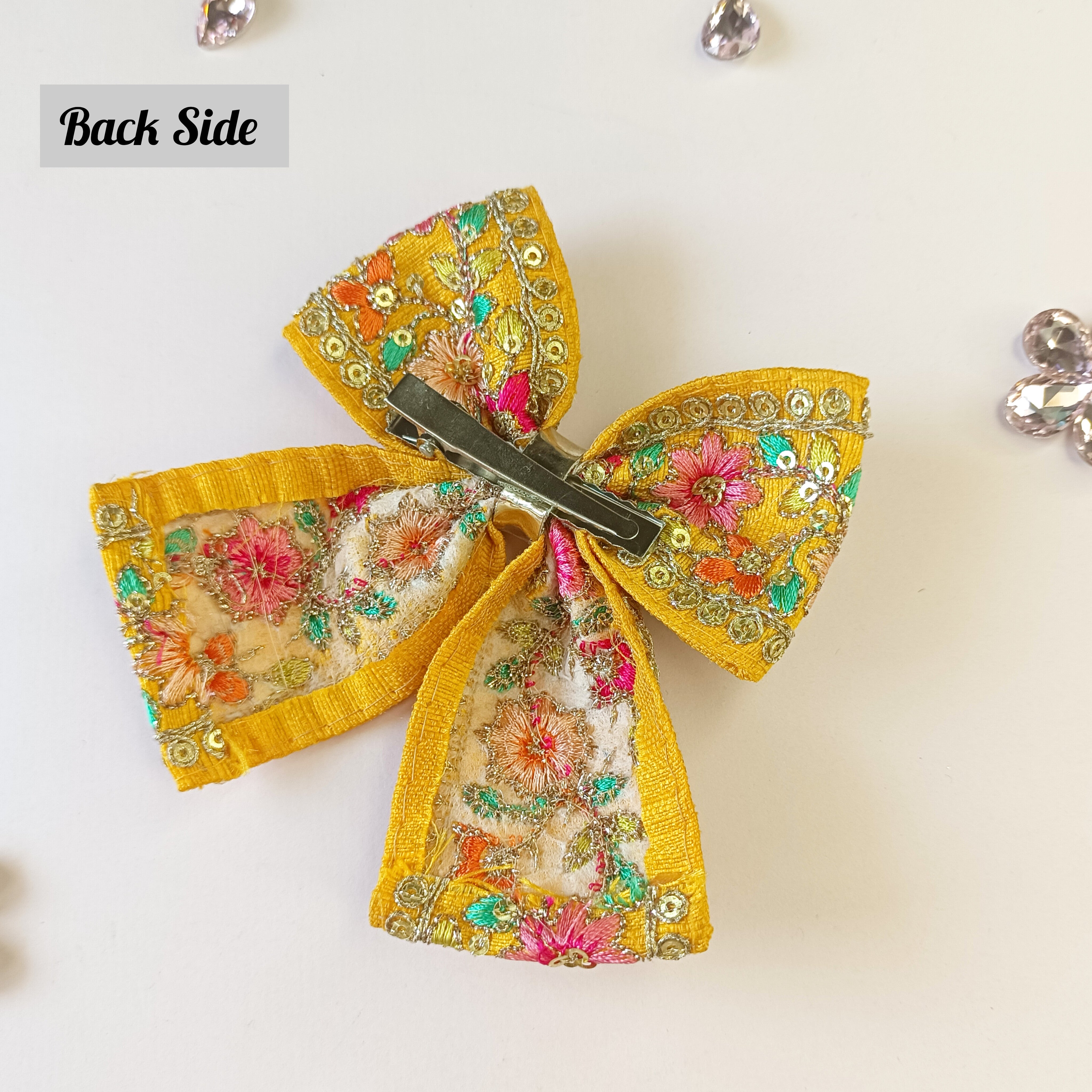 Piggy Tail Embroidery Bow Alligator Clip -Mustard