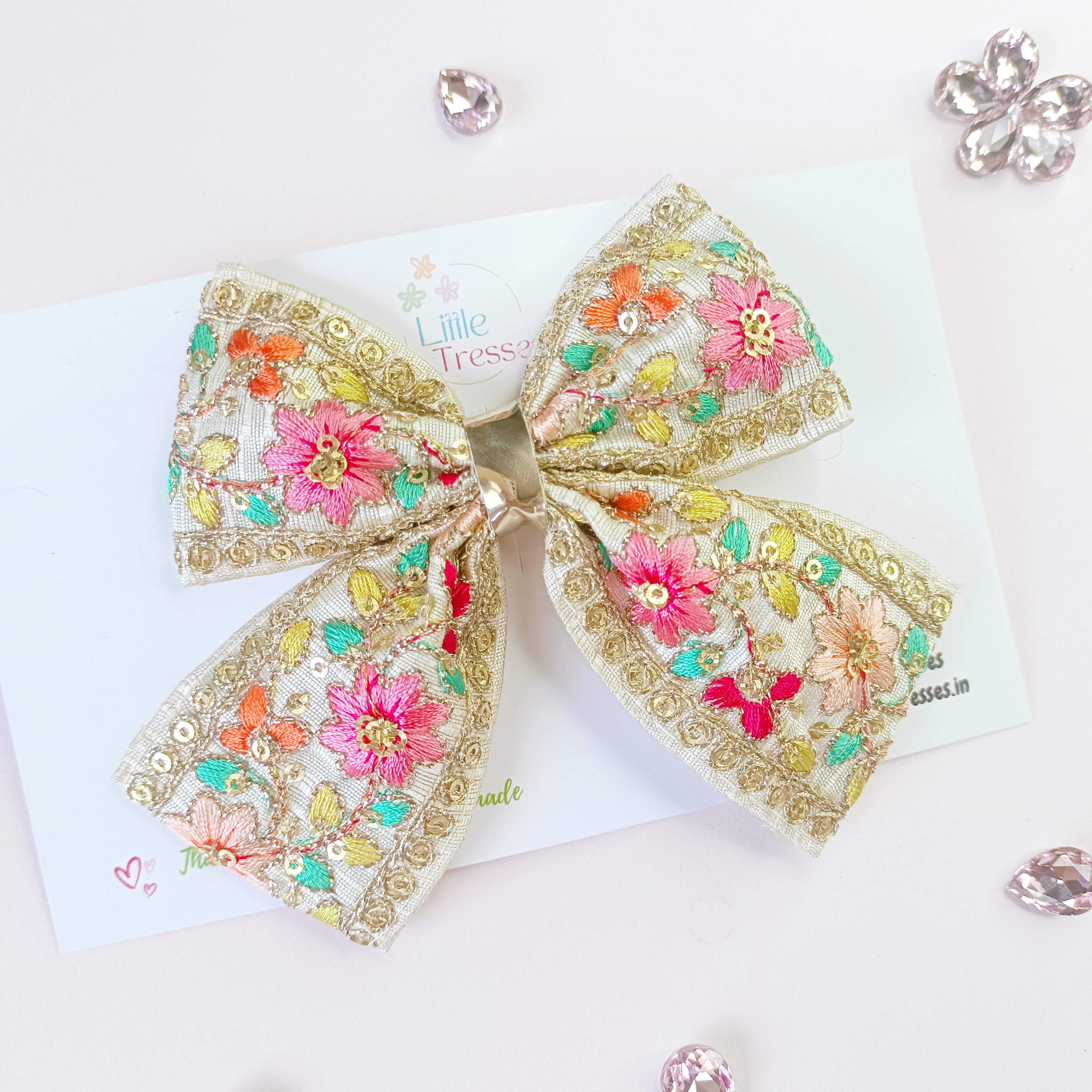 Embroidery Piggy Tail Bow Alligator Clip - 3 Colors